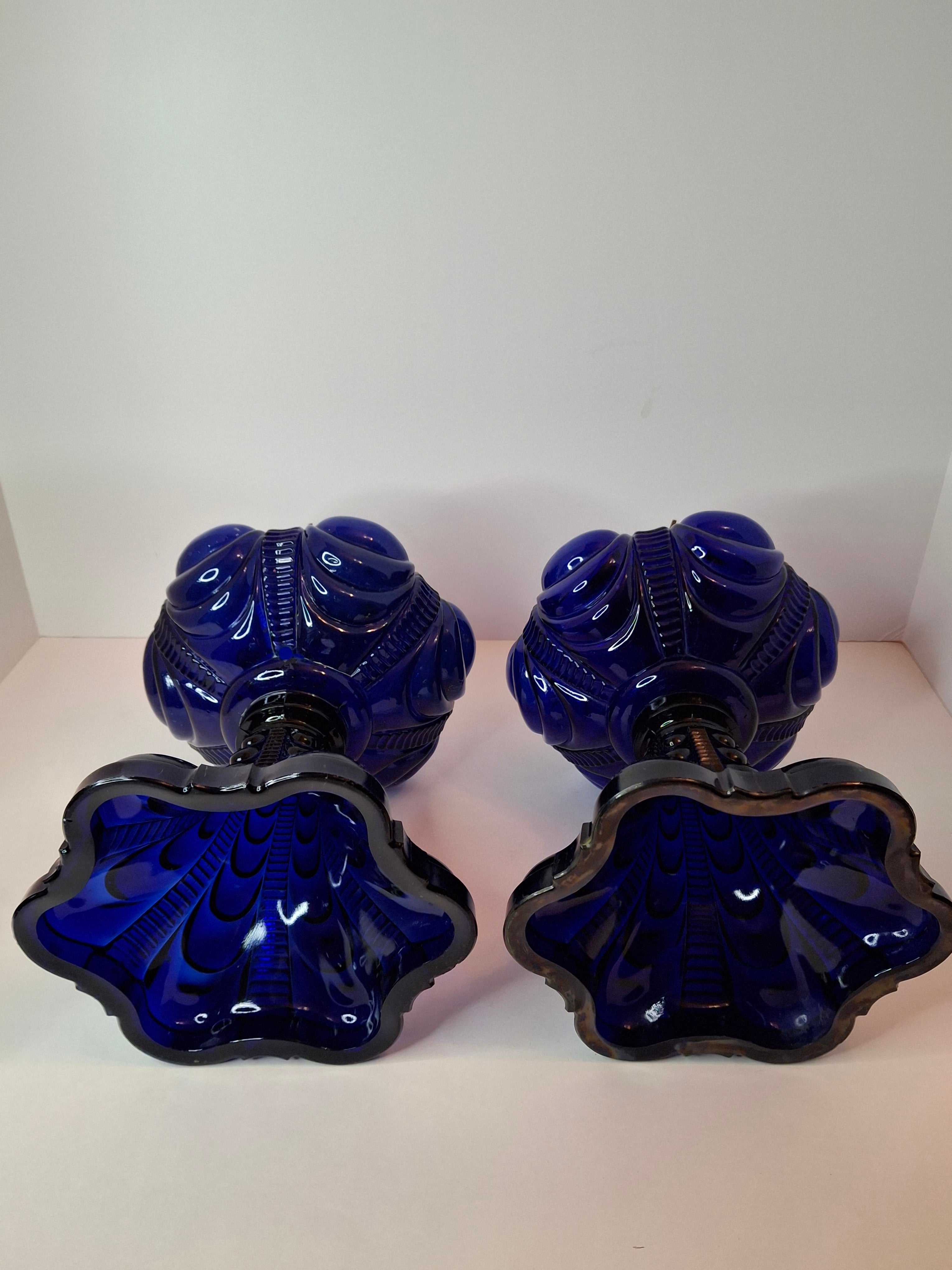 Rare Pair Antique Cobalt Blue Coolidge Drape Kerosene Oil Lamps | Victoria Pattern Pilabrasgo c. 1890s | EAPG Stunning Condition