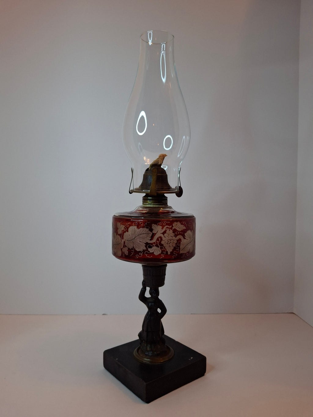 Antique Victorian Ruby Cut to Clear Glass Oil Lamp Figural Woman Stem Marble Base
