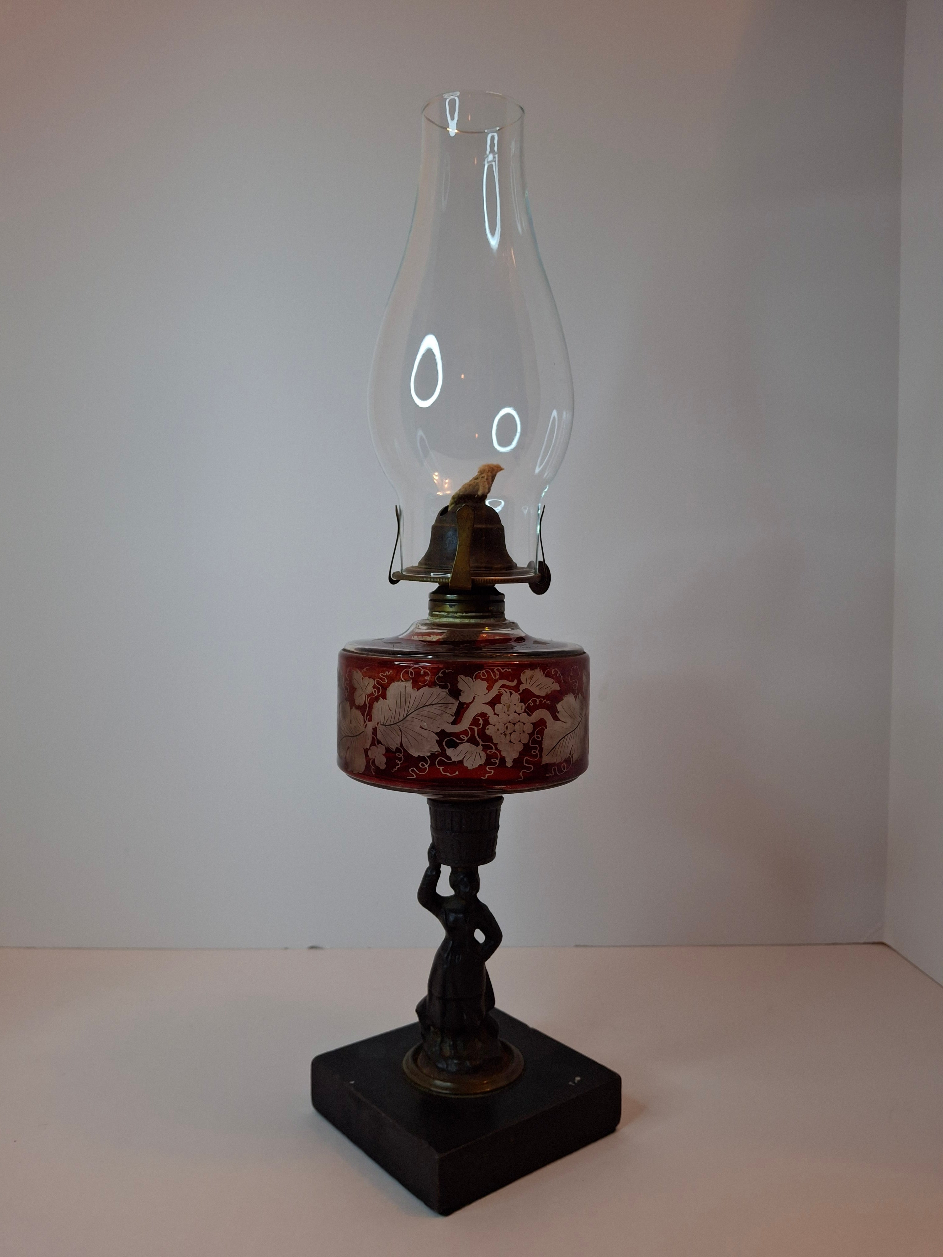 Antique Victorian Ruby Cut to Clear Glass Oil Lamp Figural Woman Stem Marble Base