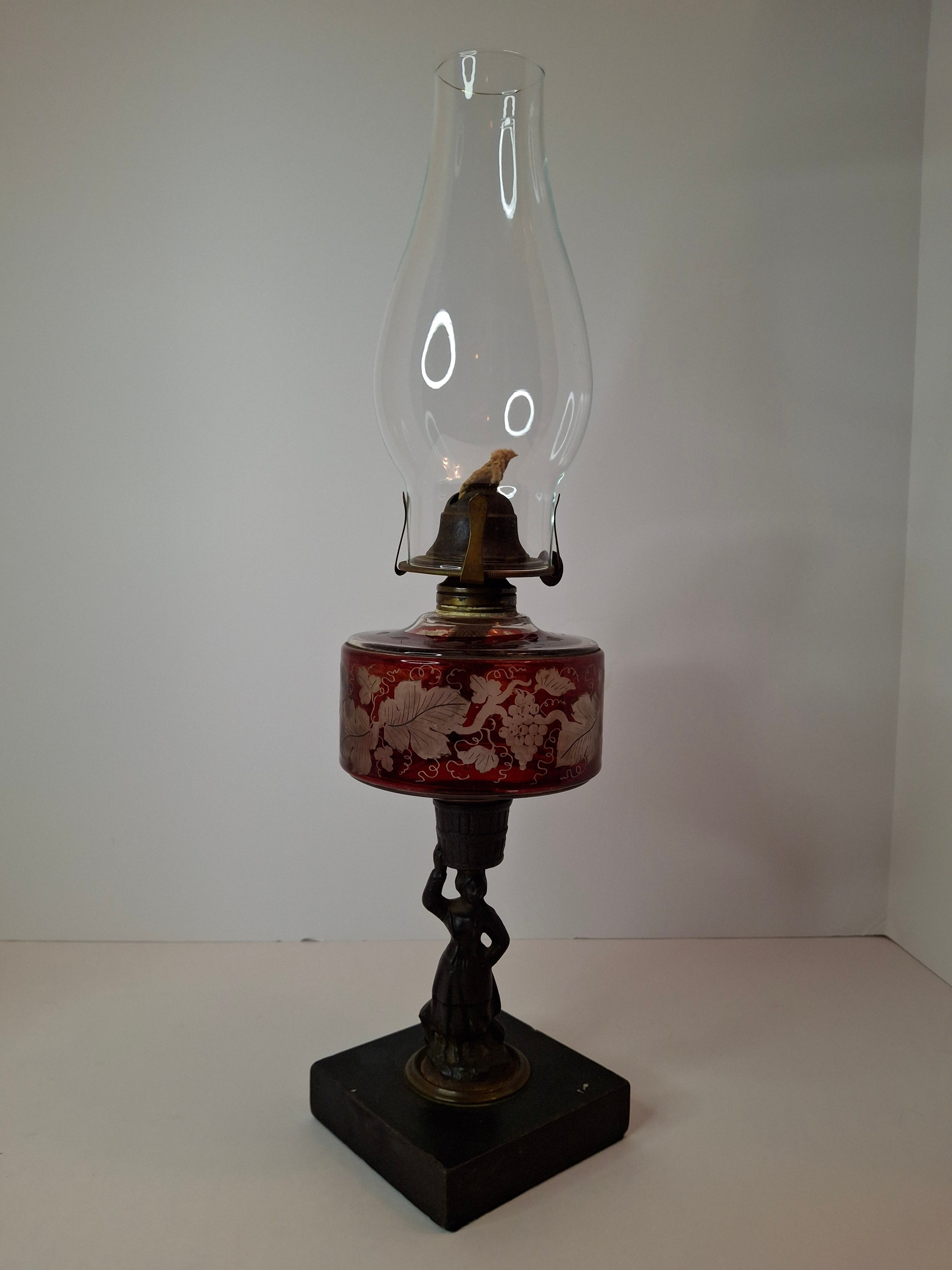 Antique Victorian Ruby Cut to Clear Glass Oil Lamp Figural Woman Stem Marble Base