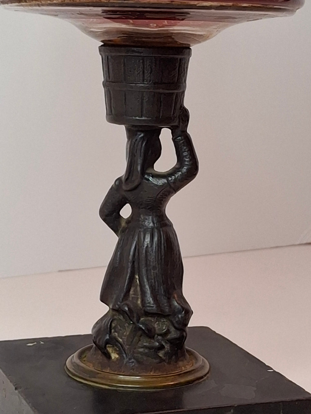 Antique Victorian Ruby Cut to Clear Glass Oil Lamp Figural Woman Stem Marble Base