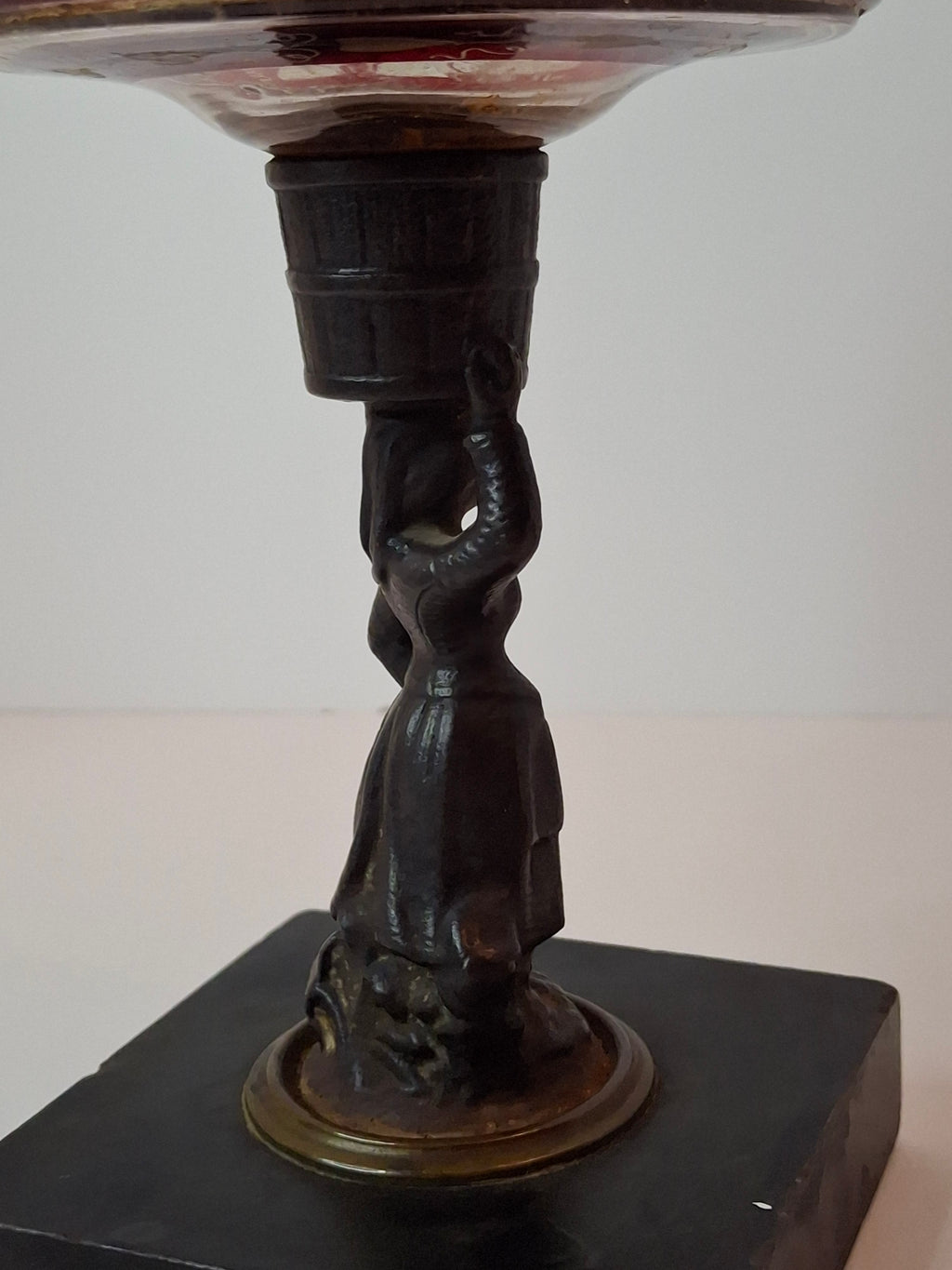 Antique Victorian Ruby Cut to Clear Glass Oil Lamp Figural Woman Stem Marble Base