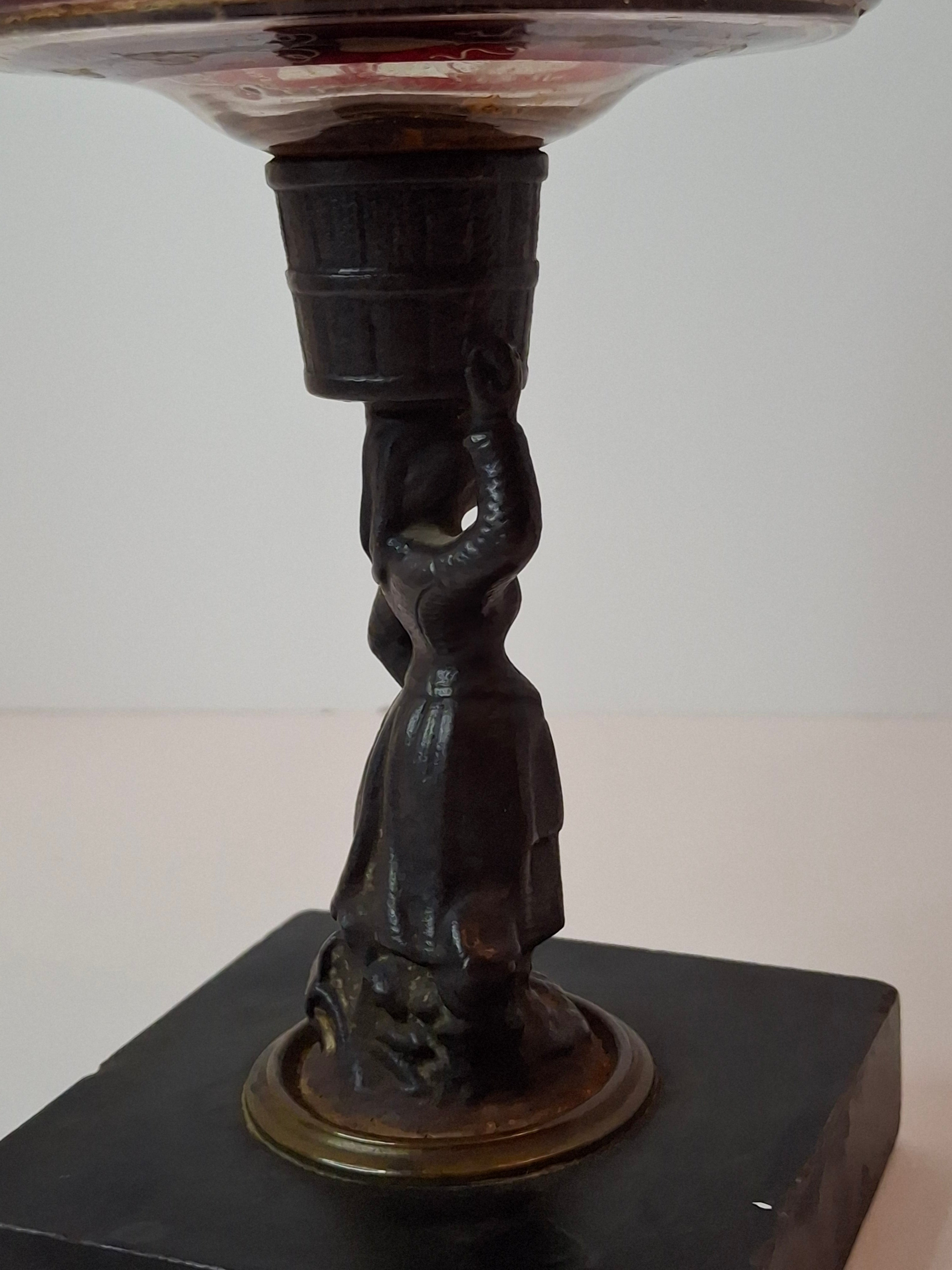 Antique Victorian Ruby Cut to Clear Glass Oil Lamp Figural Woman Stem Marble Base