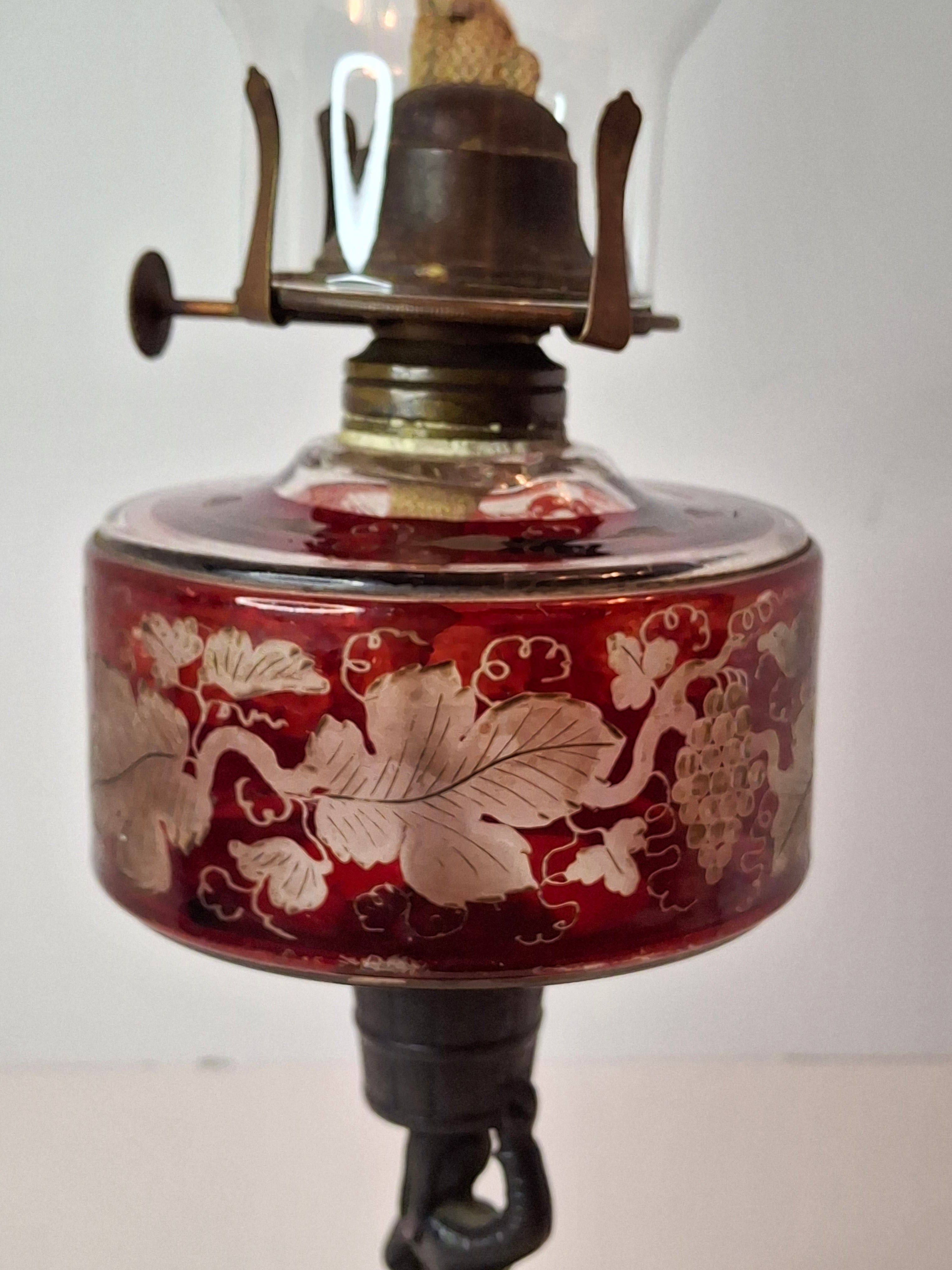 Antique Victorian Ruby Cut to Clear Glass Oil Lamp Figural Woman Stem Marble Base