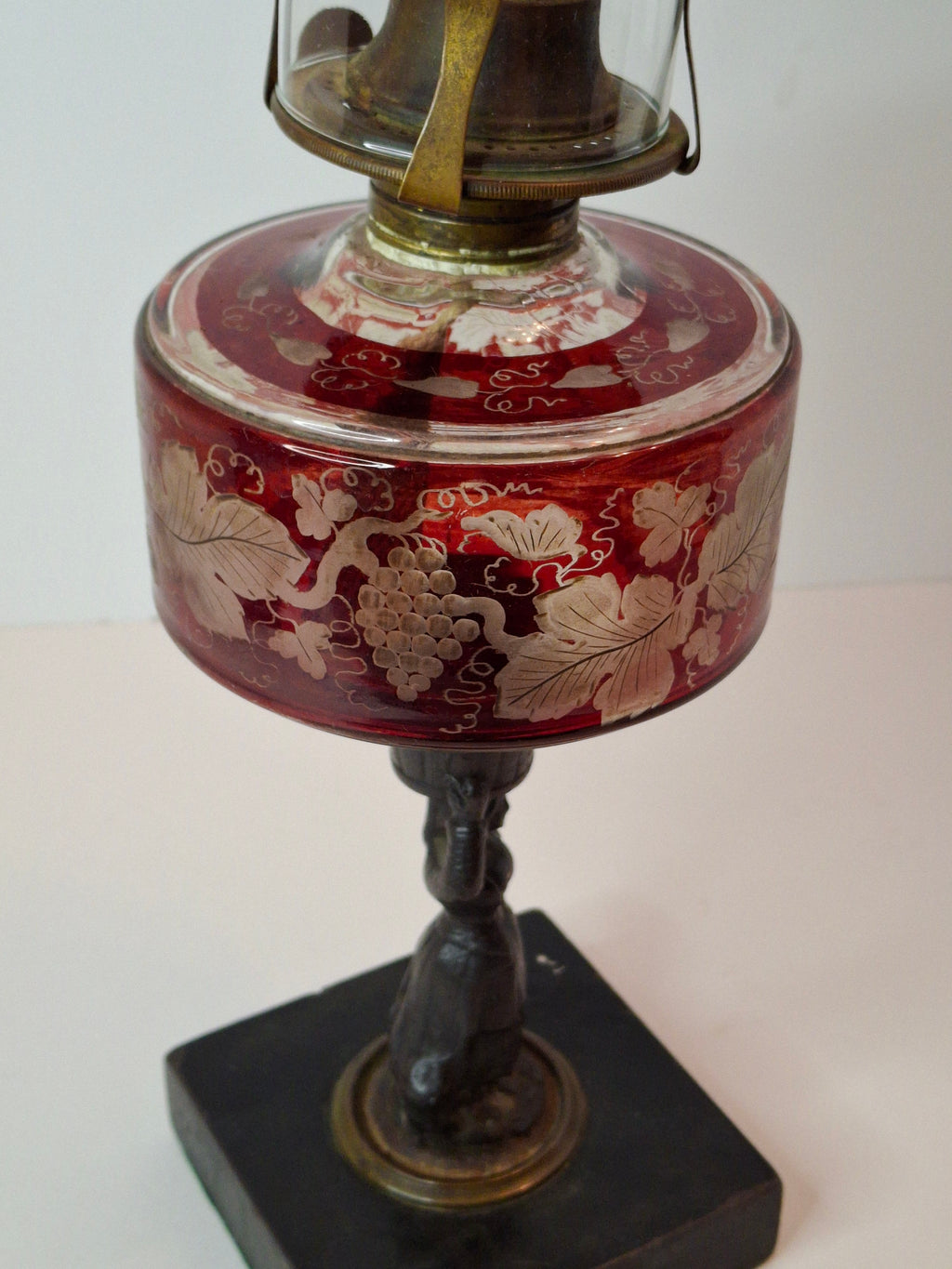 Antique Victorian Ruby Cut to Clear Glass Oil Lamp Figural Woman Stem Marble Base