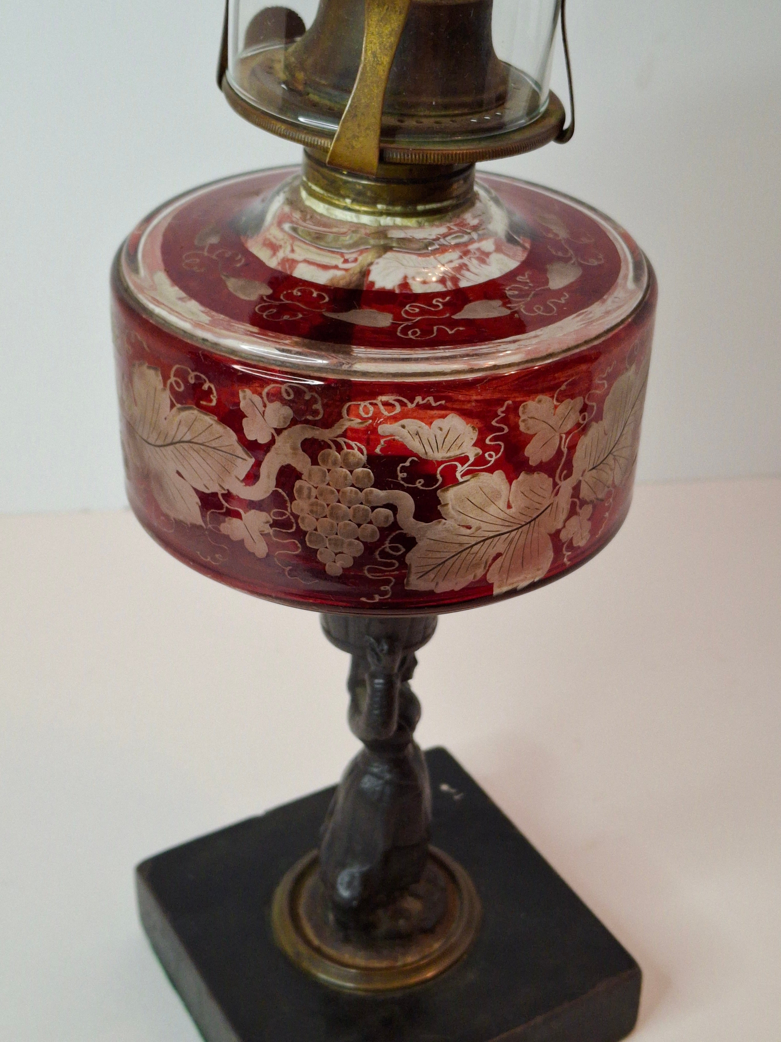 Antique Victorian Ruby Cut to Clear Glass Oil Lamp Figural Woman Stem Marble Base