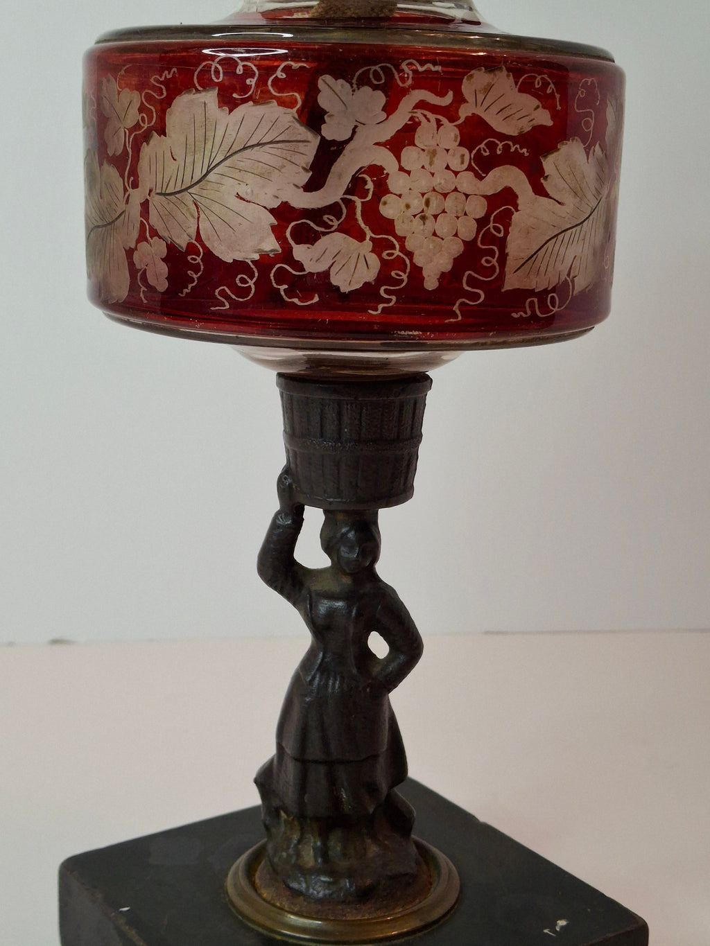 Antique Victorian Ruby Cut to Clear Glass Oil Lamp Figural Woman Stem Marble Base