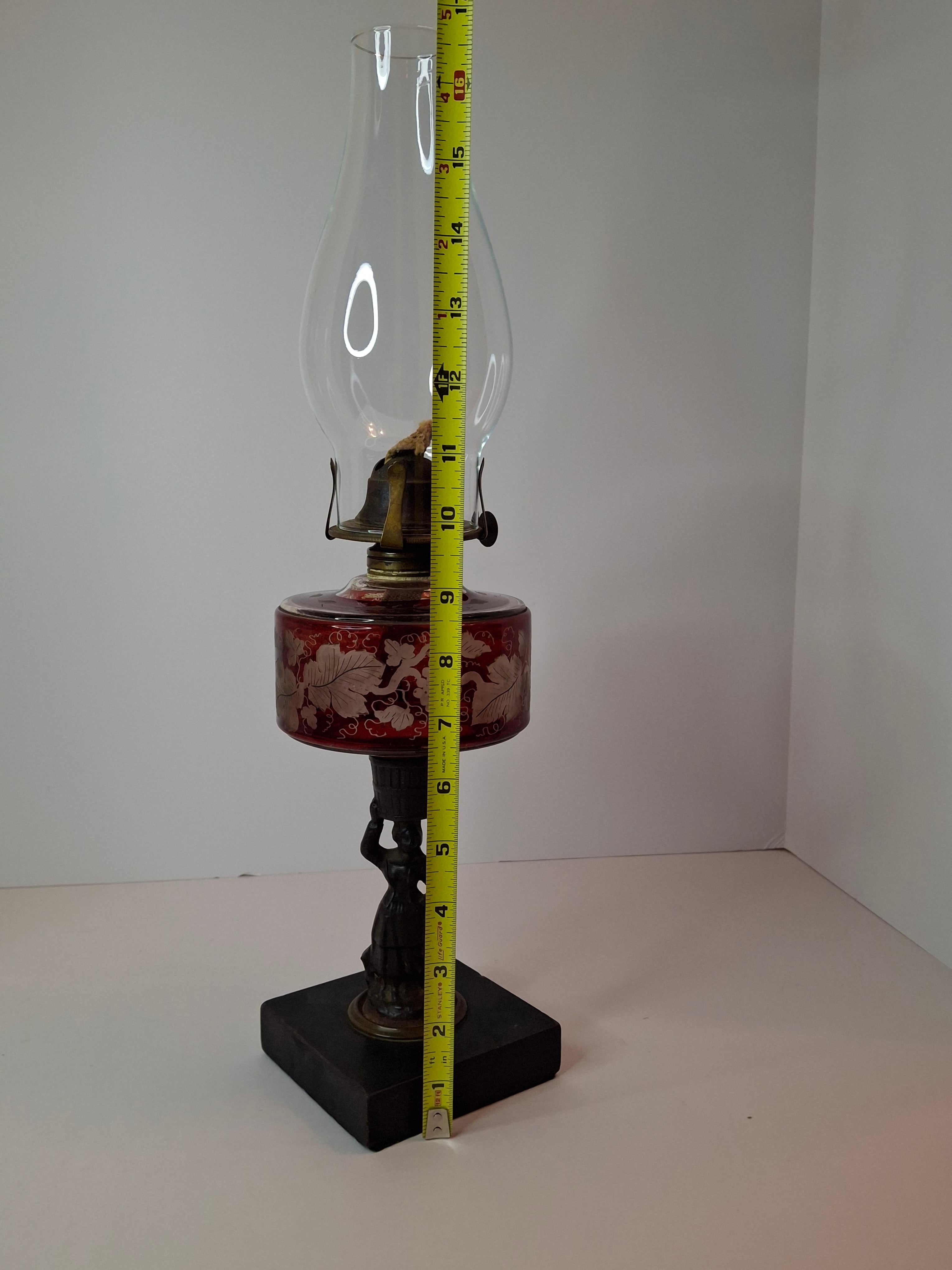 Antique Victorian Ruby Cut to Clear Glass Oil Lamp Figural Woman Stem Marble Base