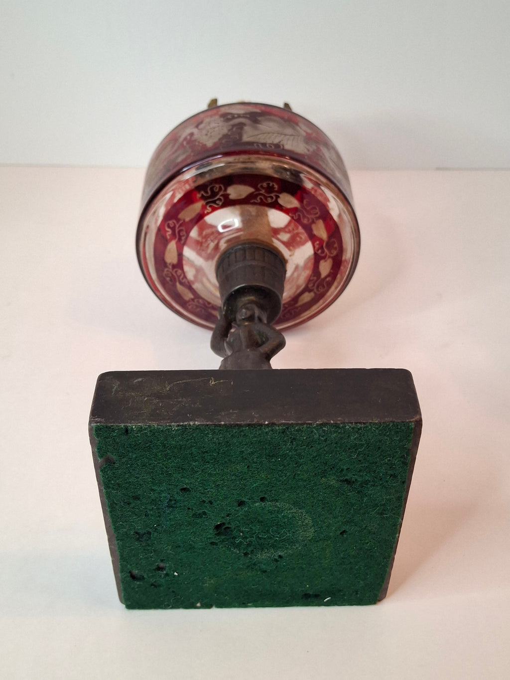 Antique Victorian Ruby Cut to Clear Glass Oil Lamp Figural Woman Stem Marble Base