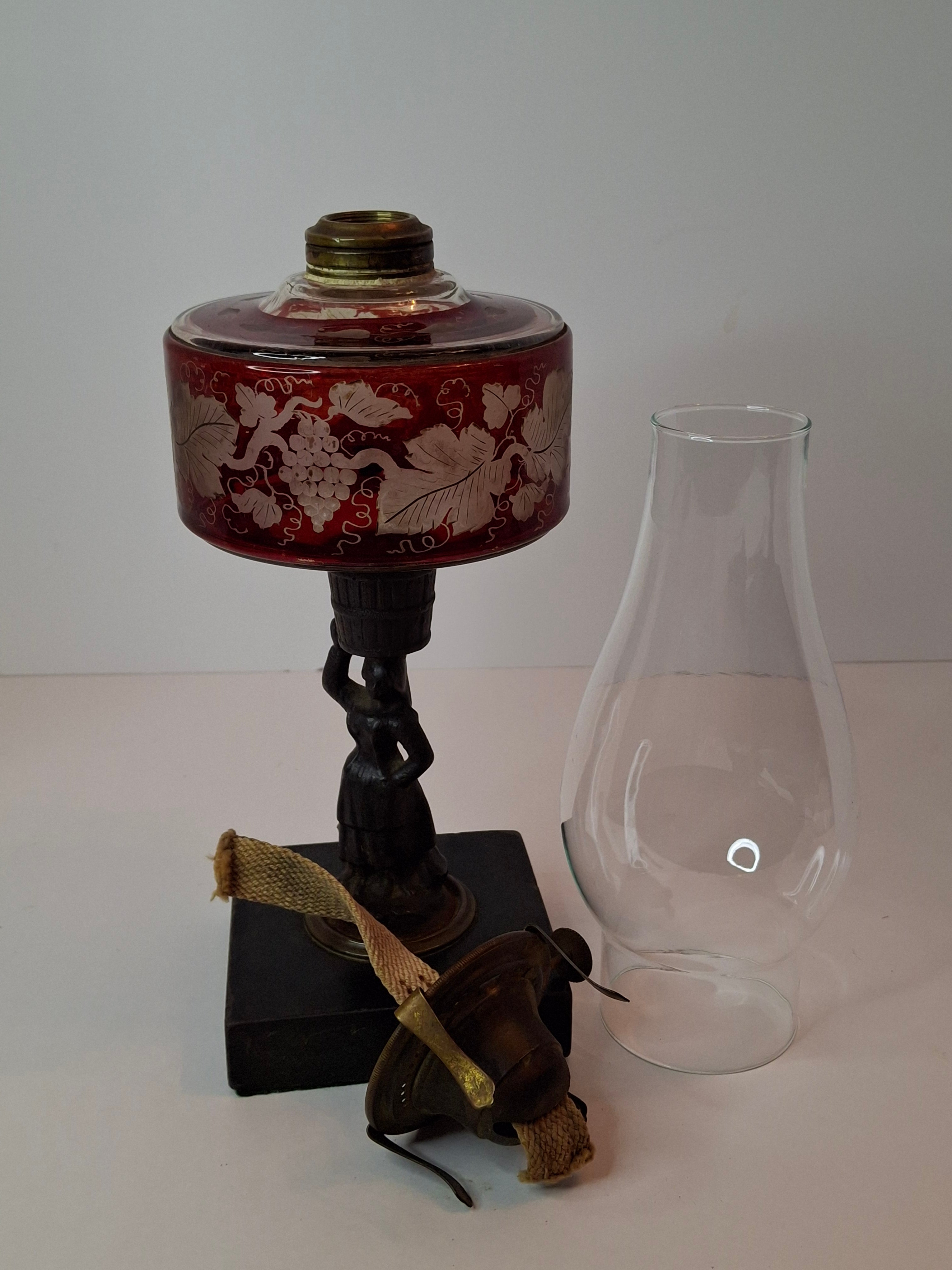 Antique Victorian Ruby Cut to Clear Glass Oil Lamp Figural Woman Stem Marble Base