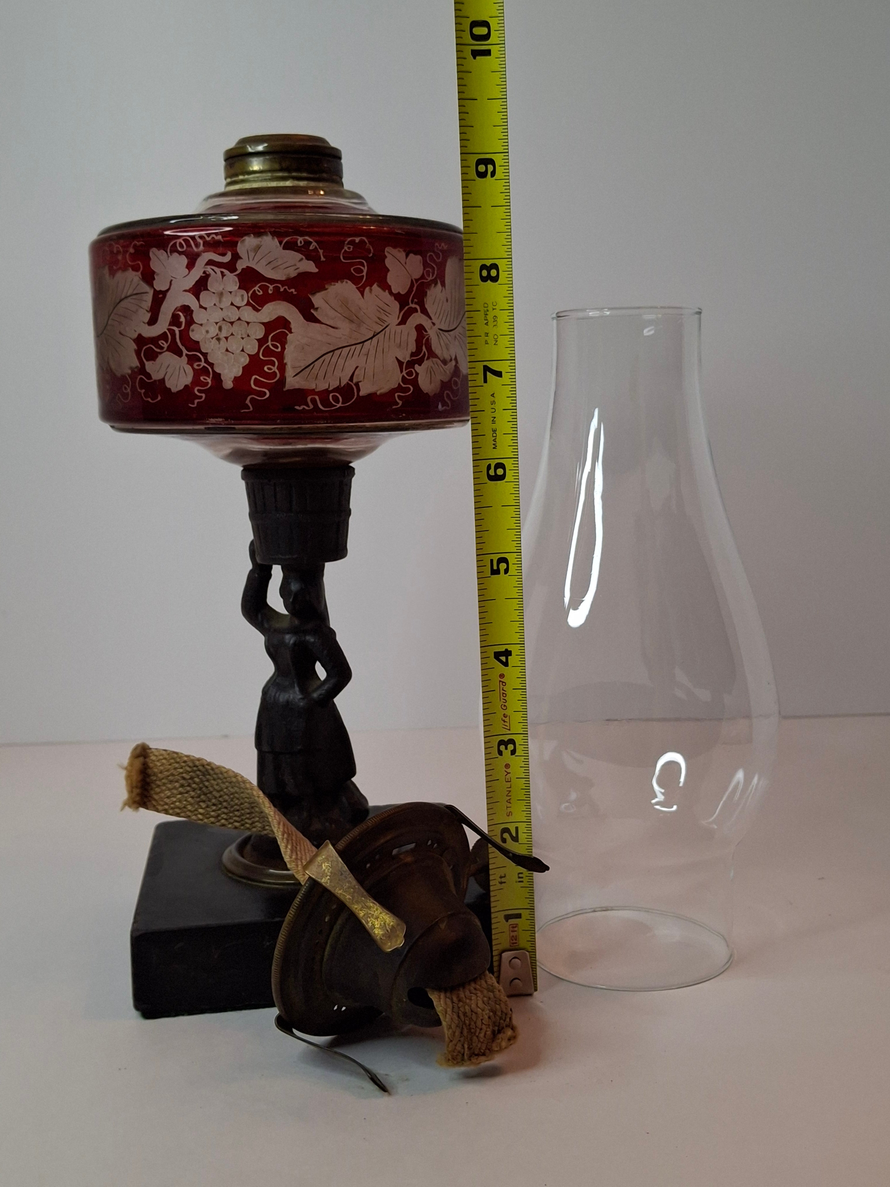 Antique Victorian Ruby Cut to Clear Glass Oil Lamp Figural Woman Stem Marble Base