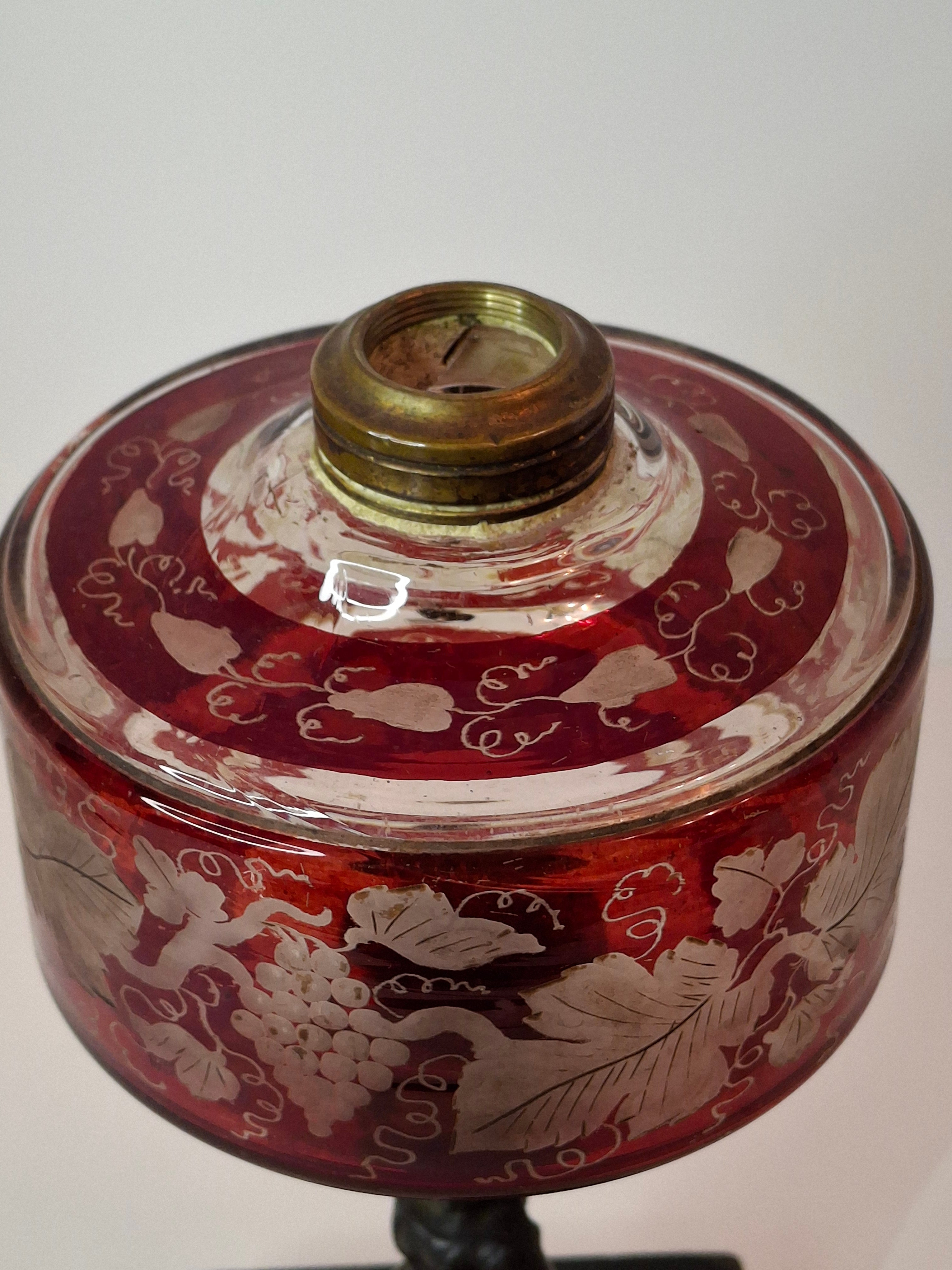Antique Victorian Ruby Cut to Clear Glass Oil Lamp Figural Woman Stem Marble Base