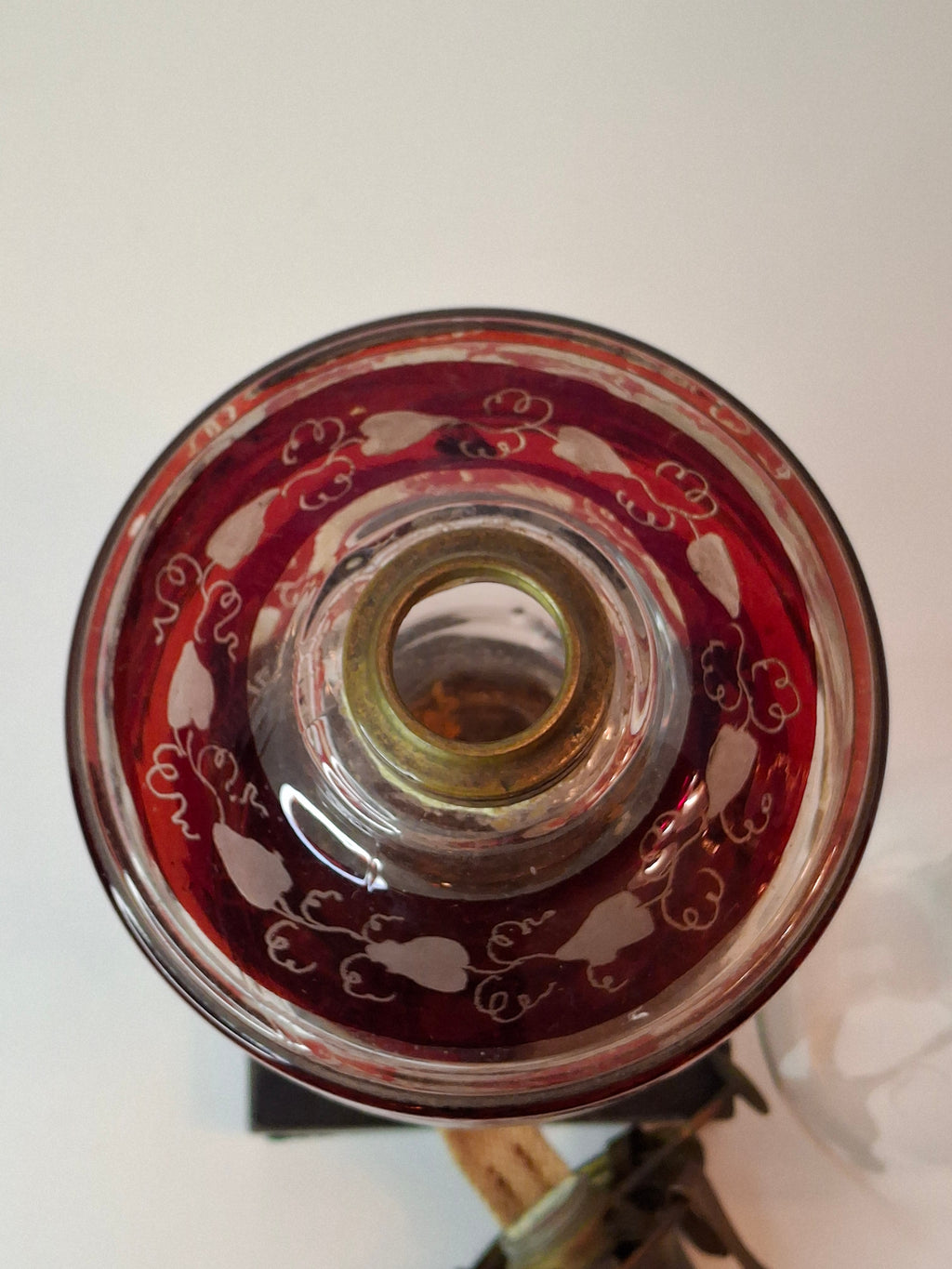 Antique Victorian Ruby Cut to Clear Glass Oil Lamp Figural Woman Stem Marble Base