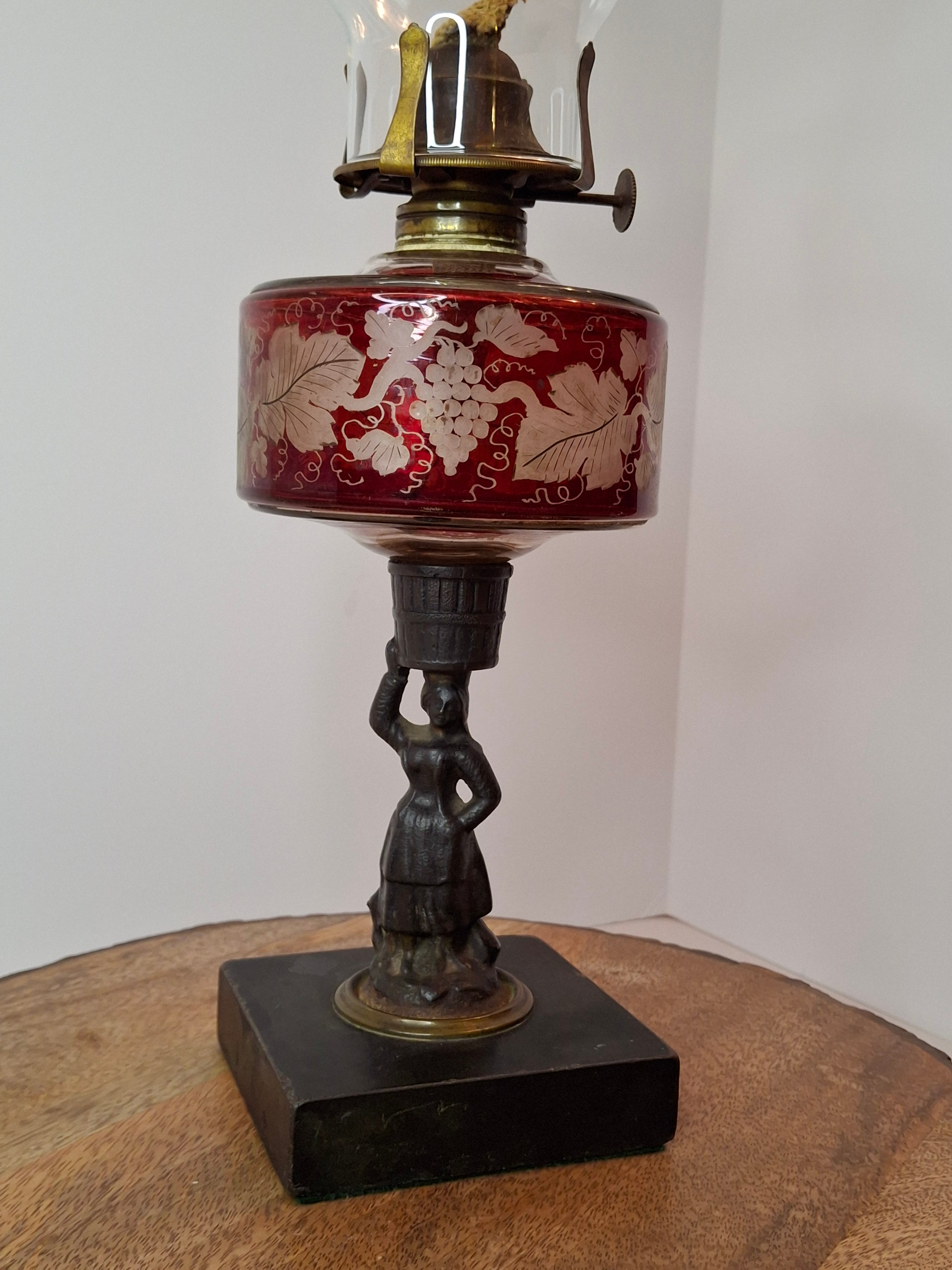Antique Victorian Ruby Cut to Clear Glass Oil Lamp Figural Woman Stem Marble Base