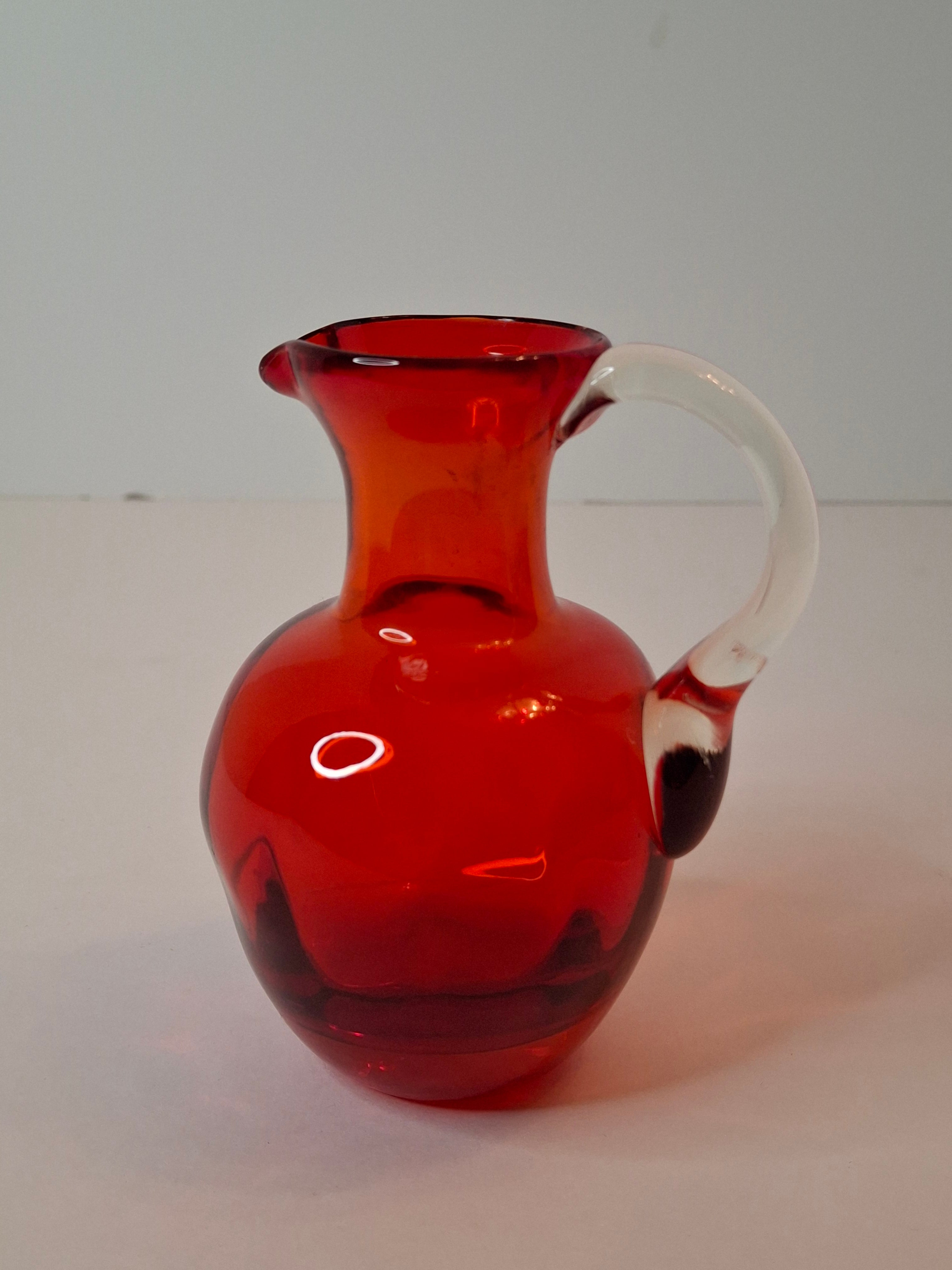 Antique Ruby Red Glass Miniature Pitcher Applied Clear Handle Rough Pontil 4.25"