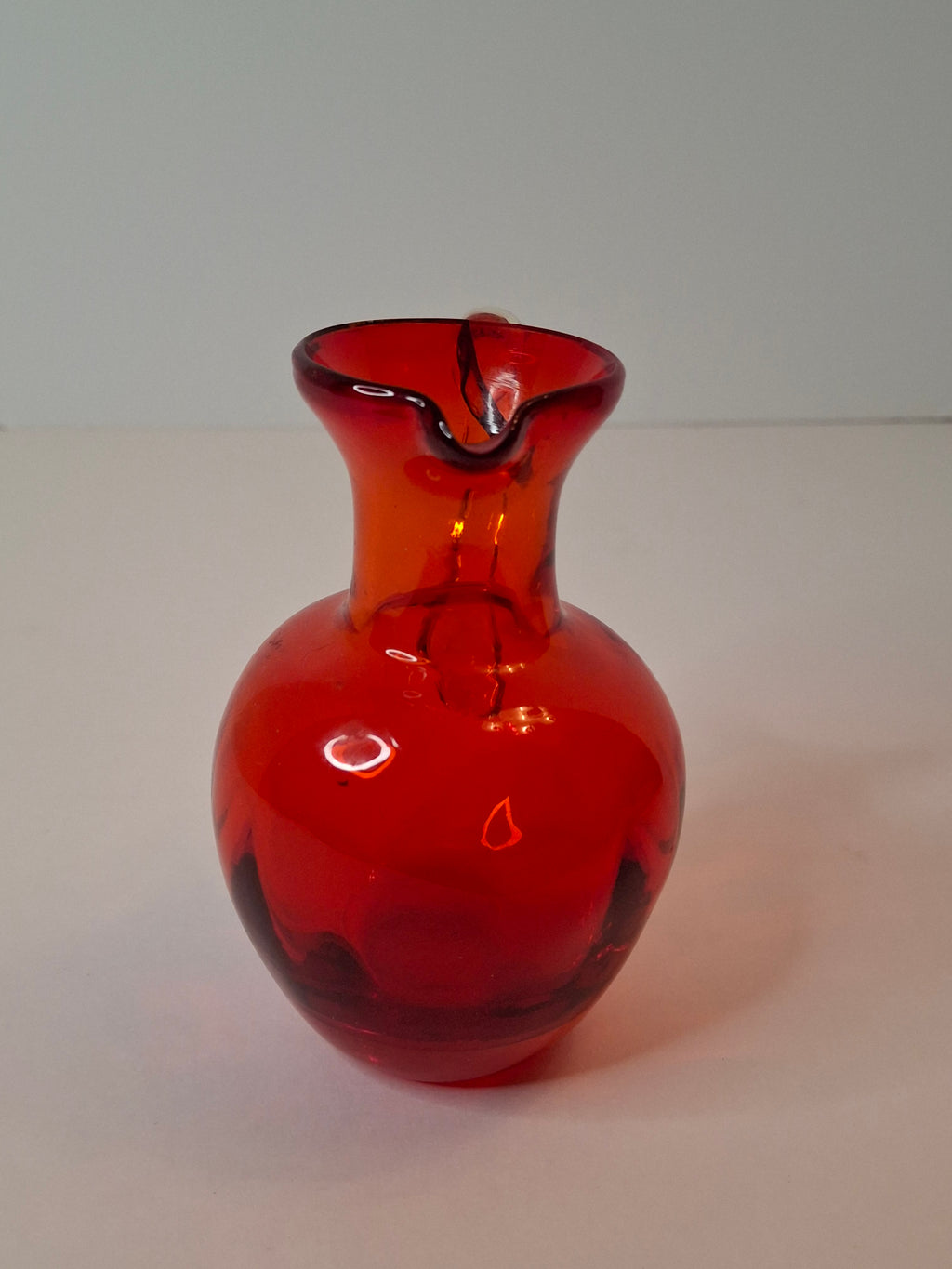 Antique Ruby Red Glass Miniature Pitcher Applied Clear Handle Rough Pontil 4.25"