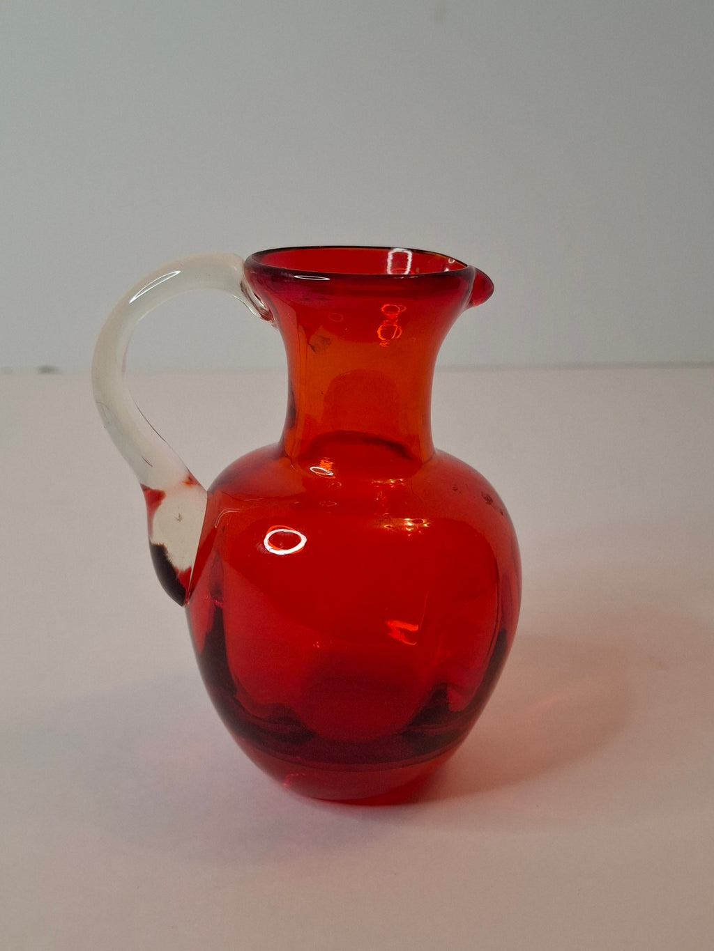 Antique Ruby Red Glass Miniature Pitcher Applied Clear Handle Rough Pontil 4.25"