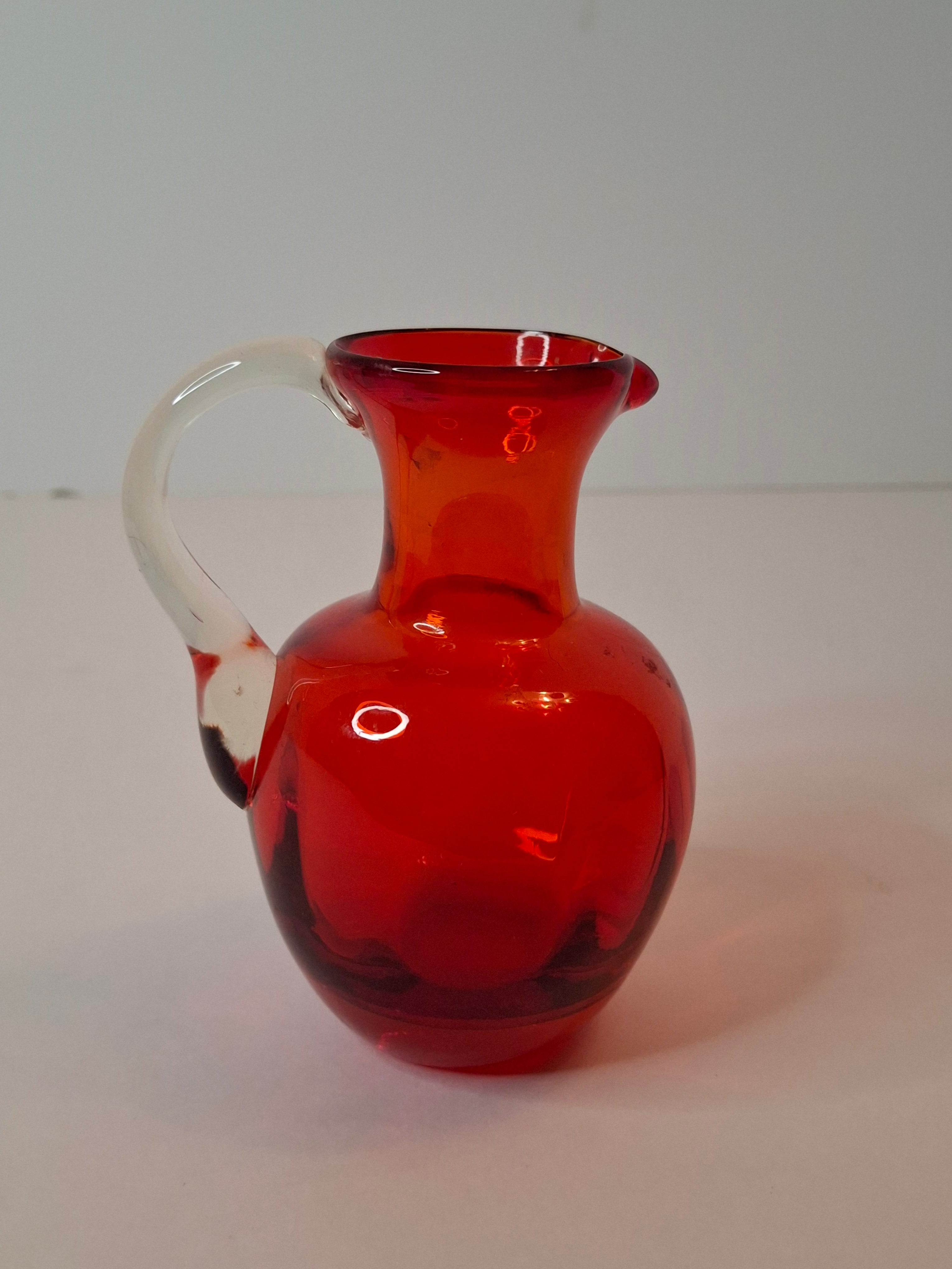 Antique Ruby Red Glass Miniature Pitcher Applied Clear Handle Rough Pontil 4.25"