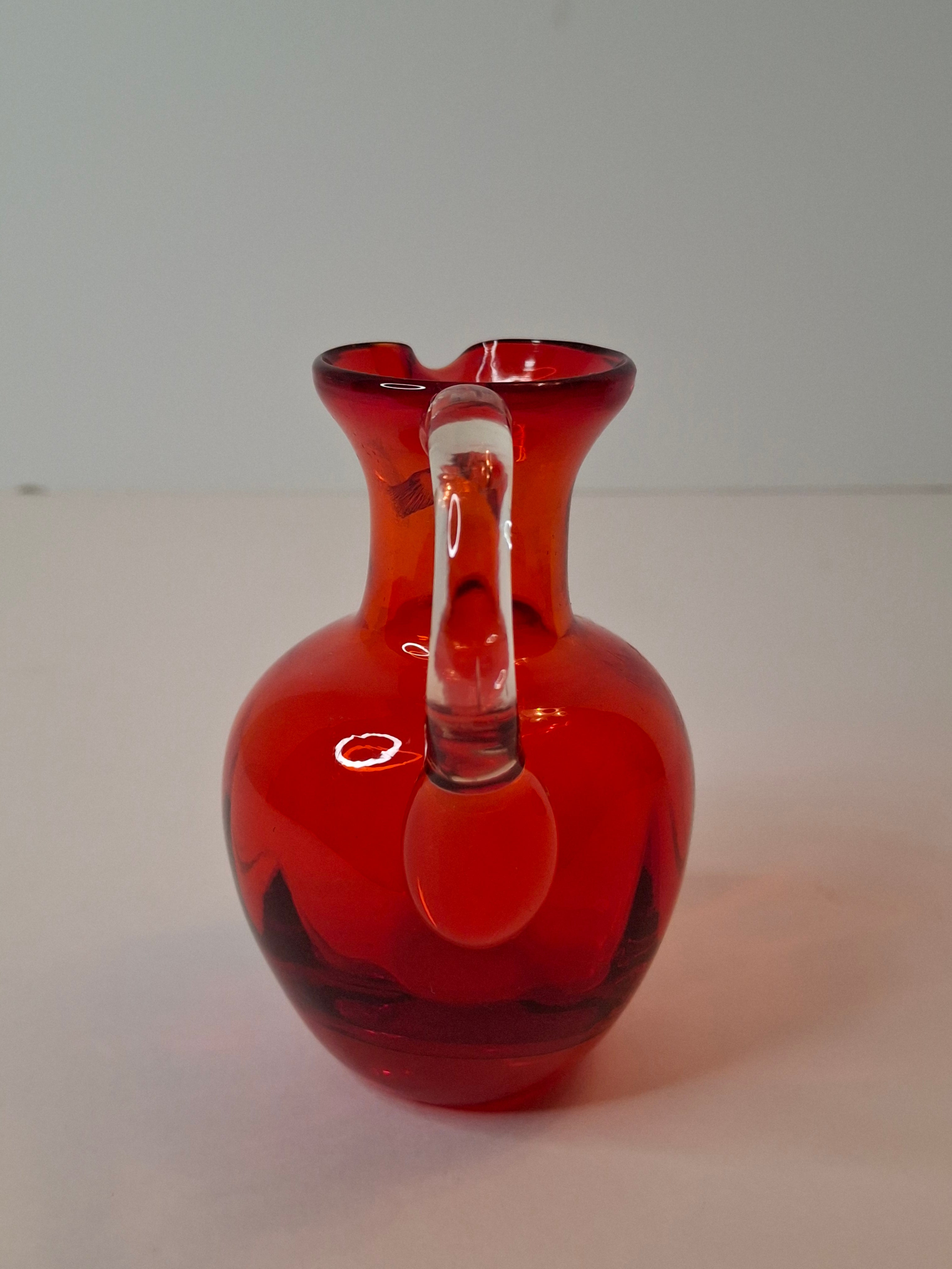 Antique Ruby Red Glass Miniature Pitcher Applied Clear Handle Rough Pontil 4.25"