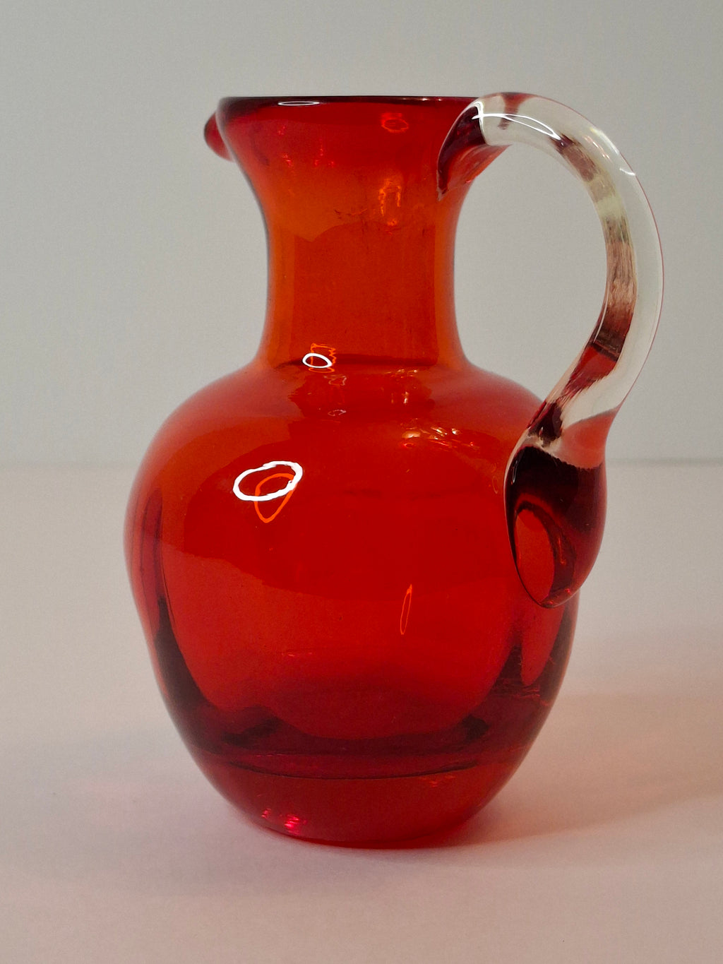 Antique Ruby Red Glass Miniature Pitcher Applied Clear Handle Rough Pontil 4.25"