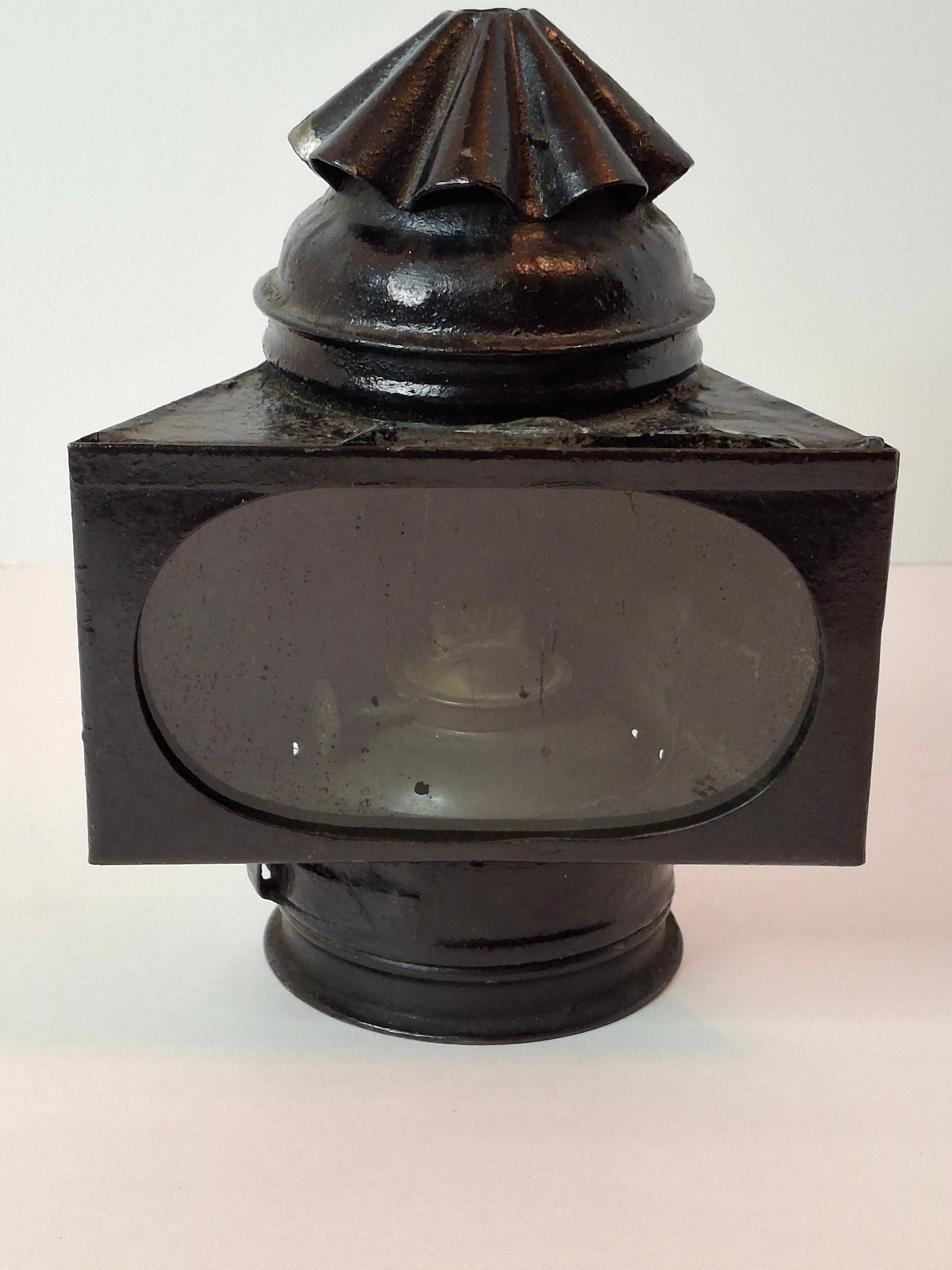 Antique 19th C Gray & Amos Boston Patent Hand Lantern Black Japanned Tin Glass