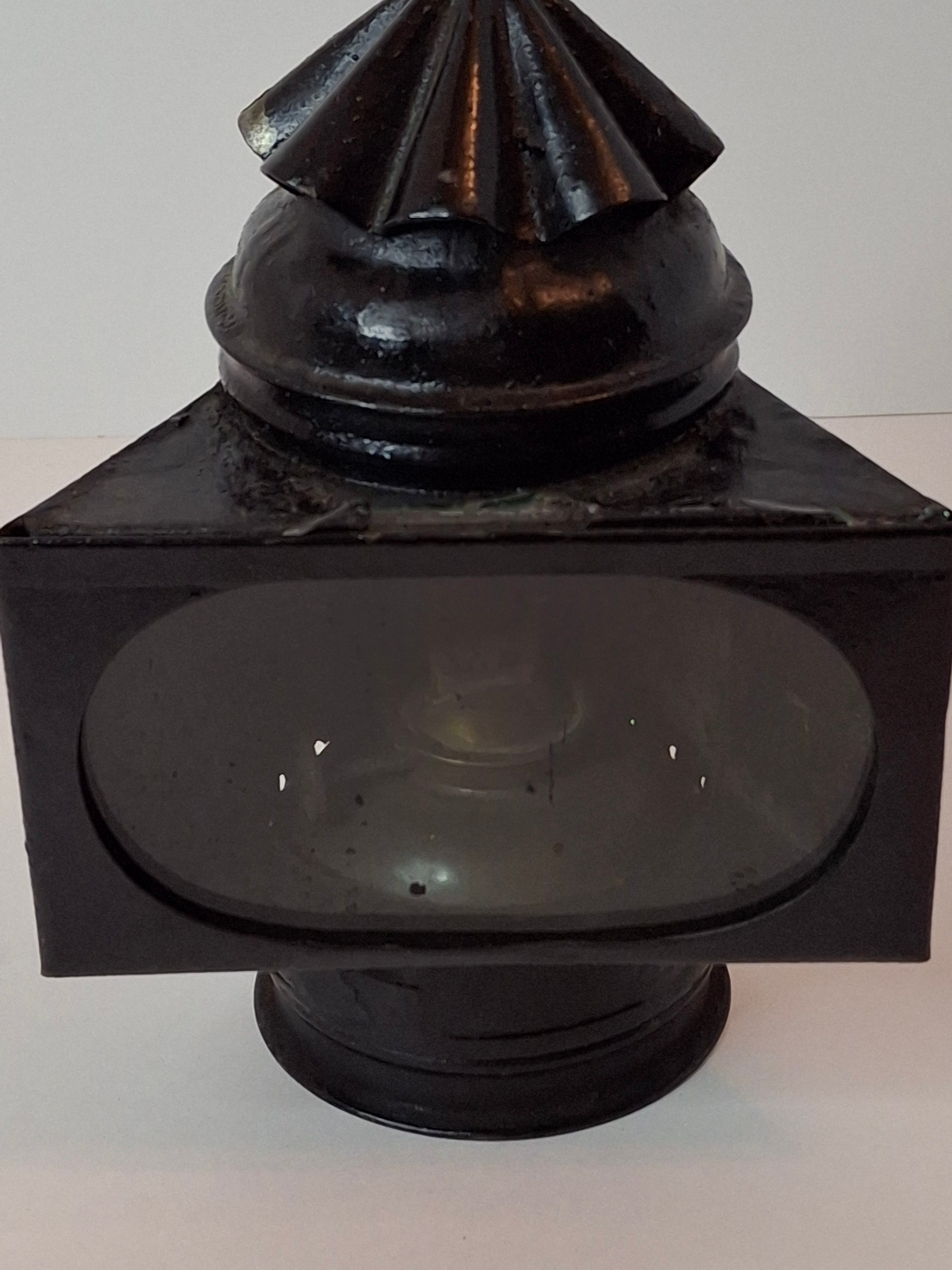 Antique 19th C Gray & Amos Boston Patent Hand Lantern Black Japanned Tin Glass