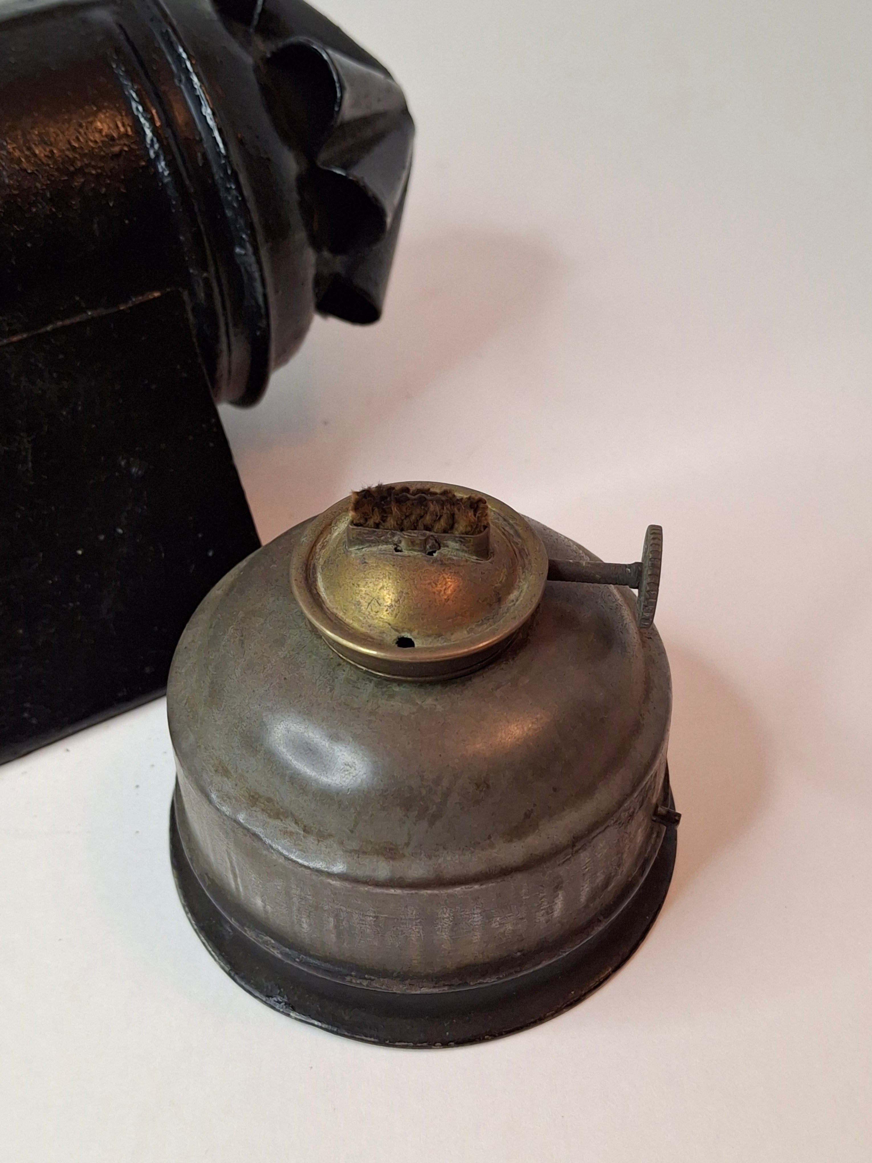 Antique 19th C Gray & Amos Boston Patent Hand Lantern Black Japanned Tin Glass