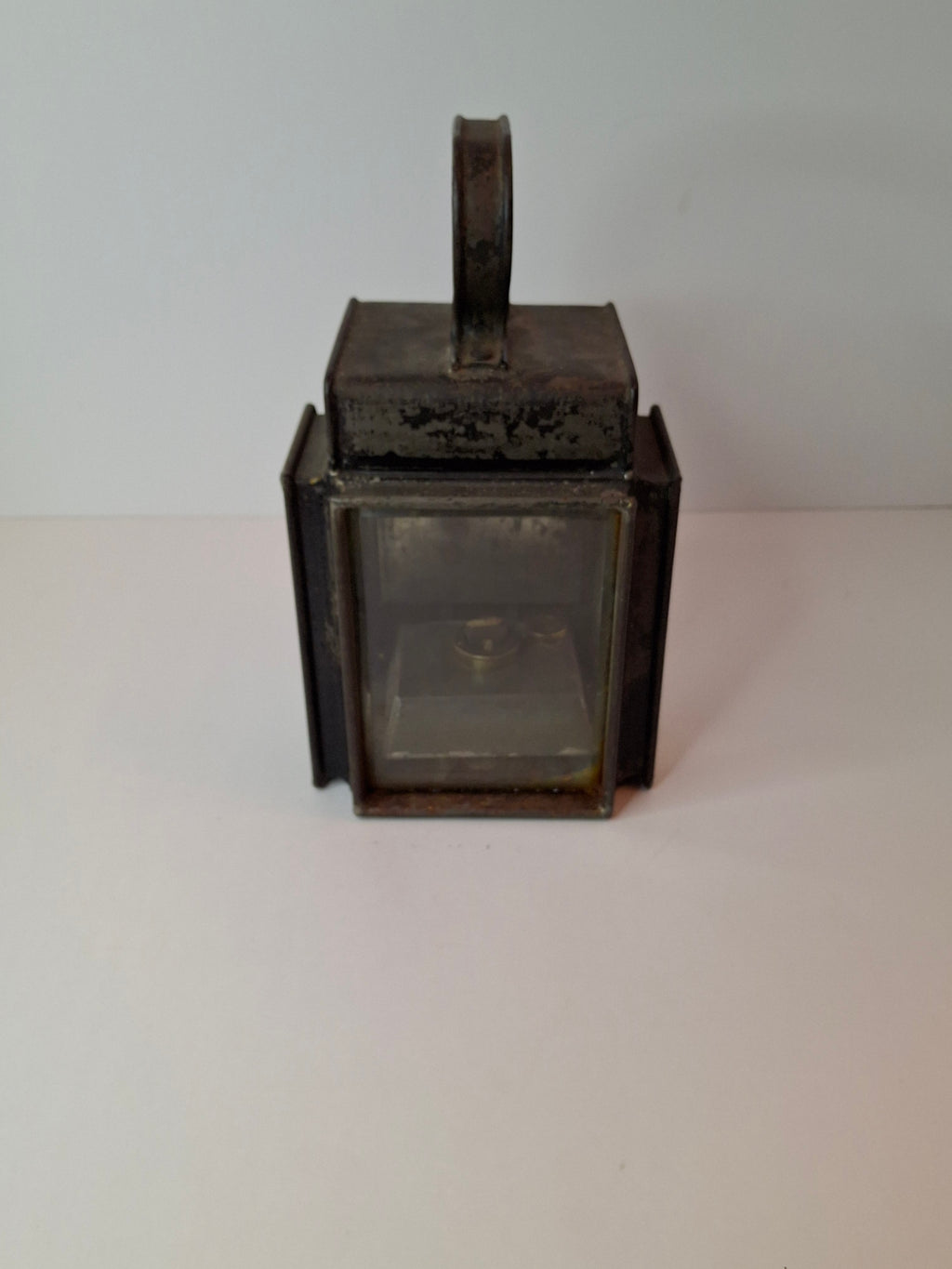 Antique 19th C Primitive Tin Hand Lantern Square Glass Kerosene Lamp Complete