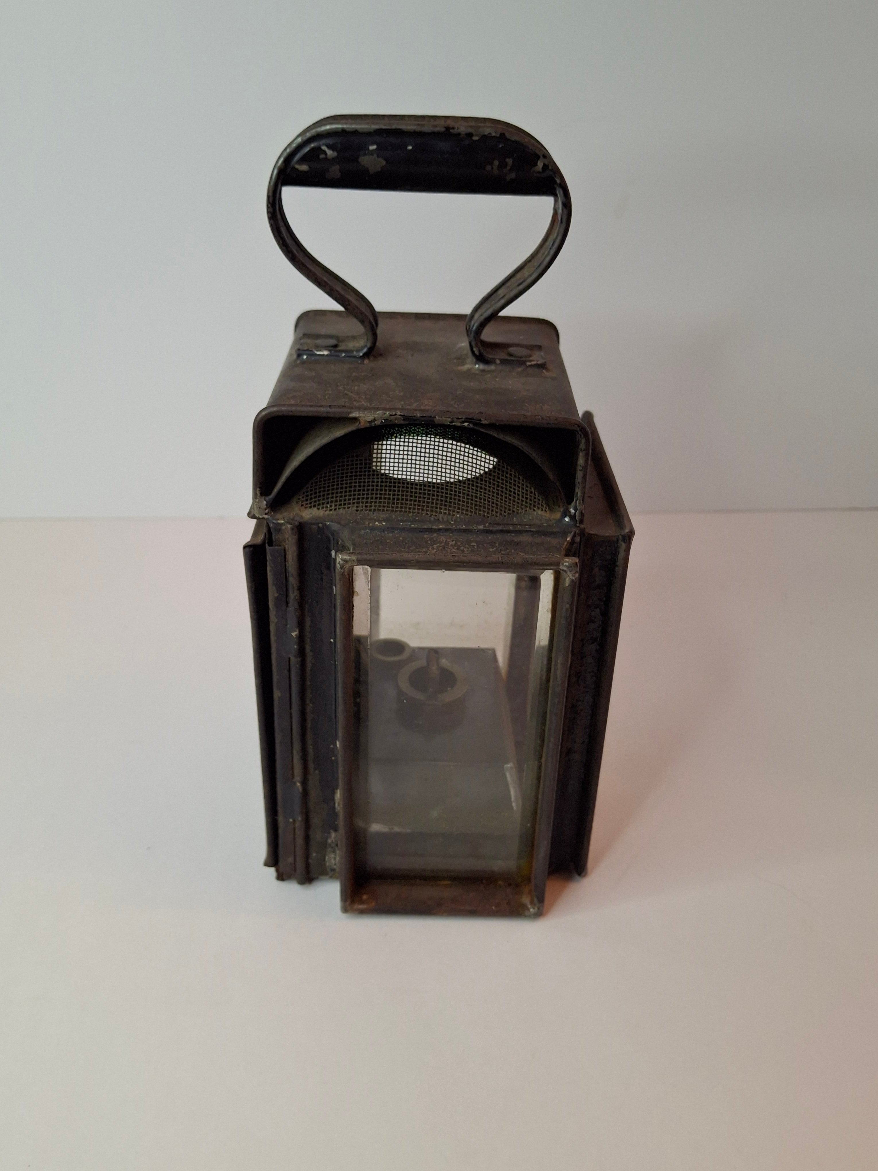 Antique 19th C Primitive Tin Hand Lantern Square Glass Kerosene Lamp Complete