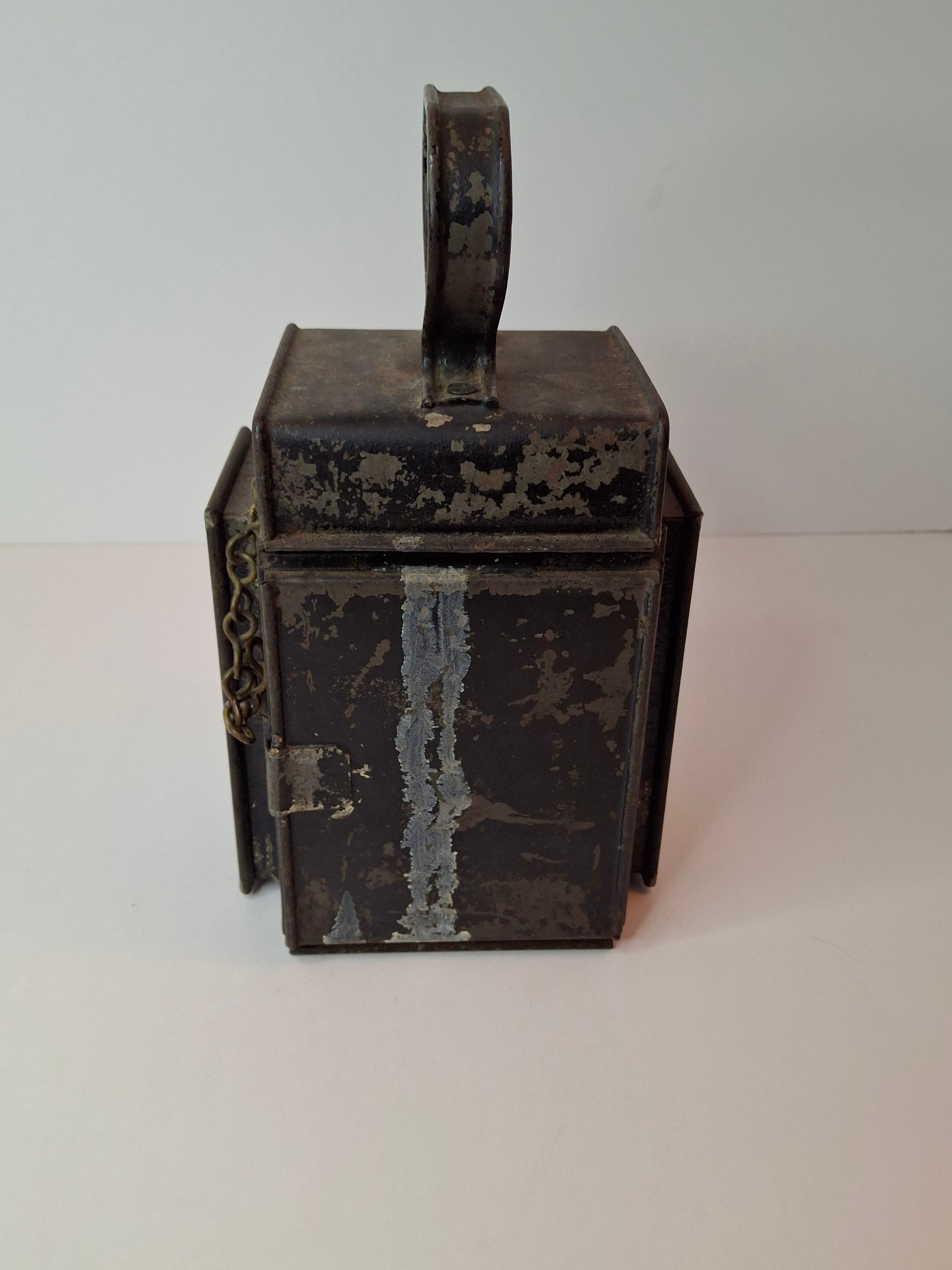 Antique 19th C Primitive Tin Hand Lantern Square Glass Kerosene Lamp Complete