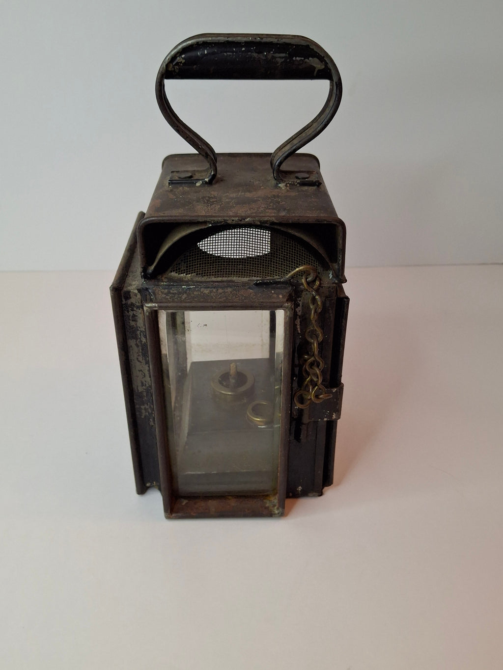 Antique 19th C Primitive Tin Hand Lantern Square Glass Kerosene Lamp Complete