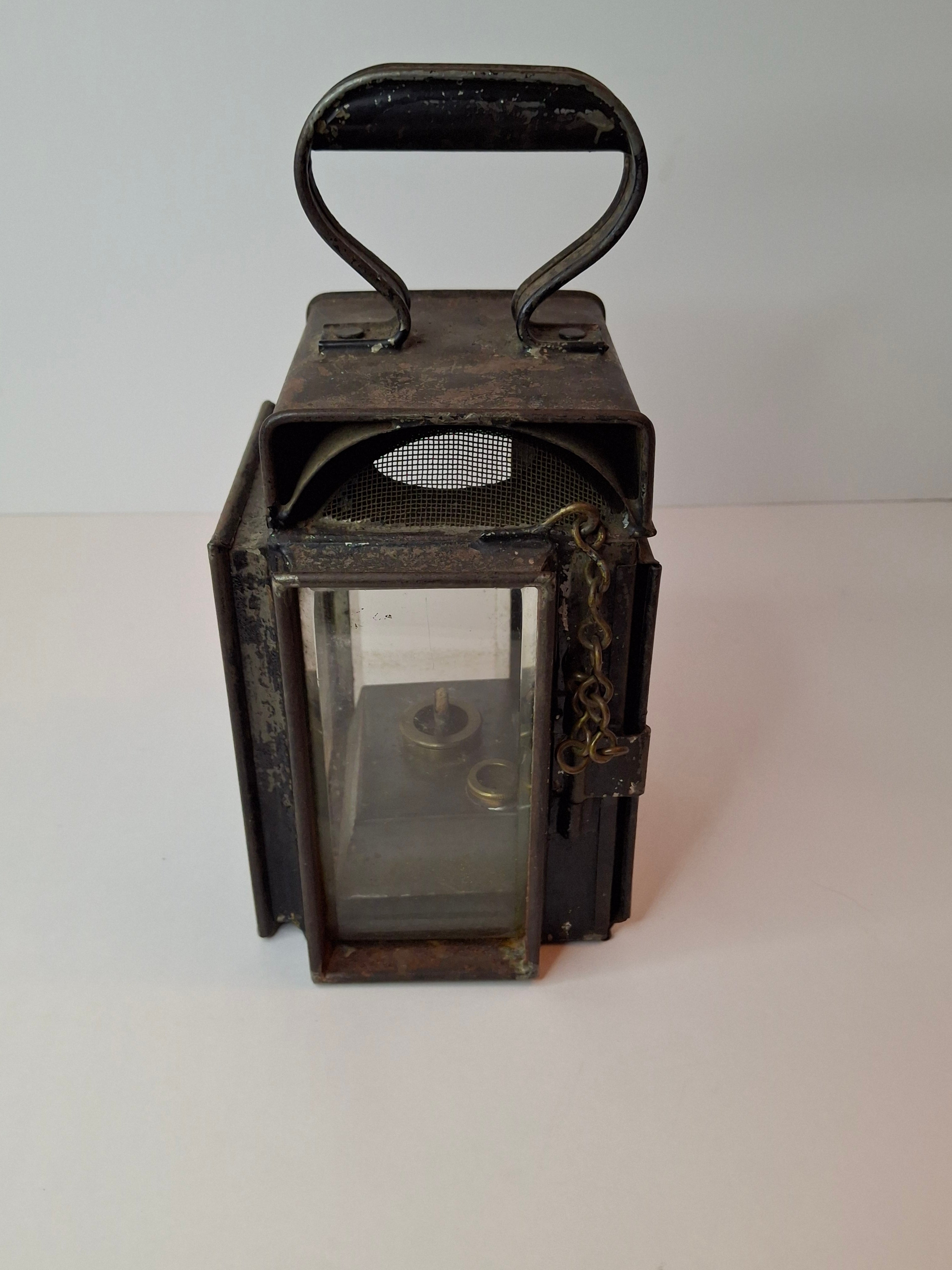 Antique 19th C Primitive Tin Hand Lantern Square Glass Kerosene Lamp Complete
