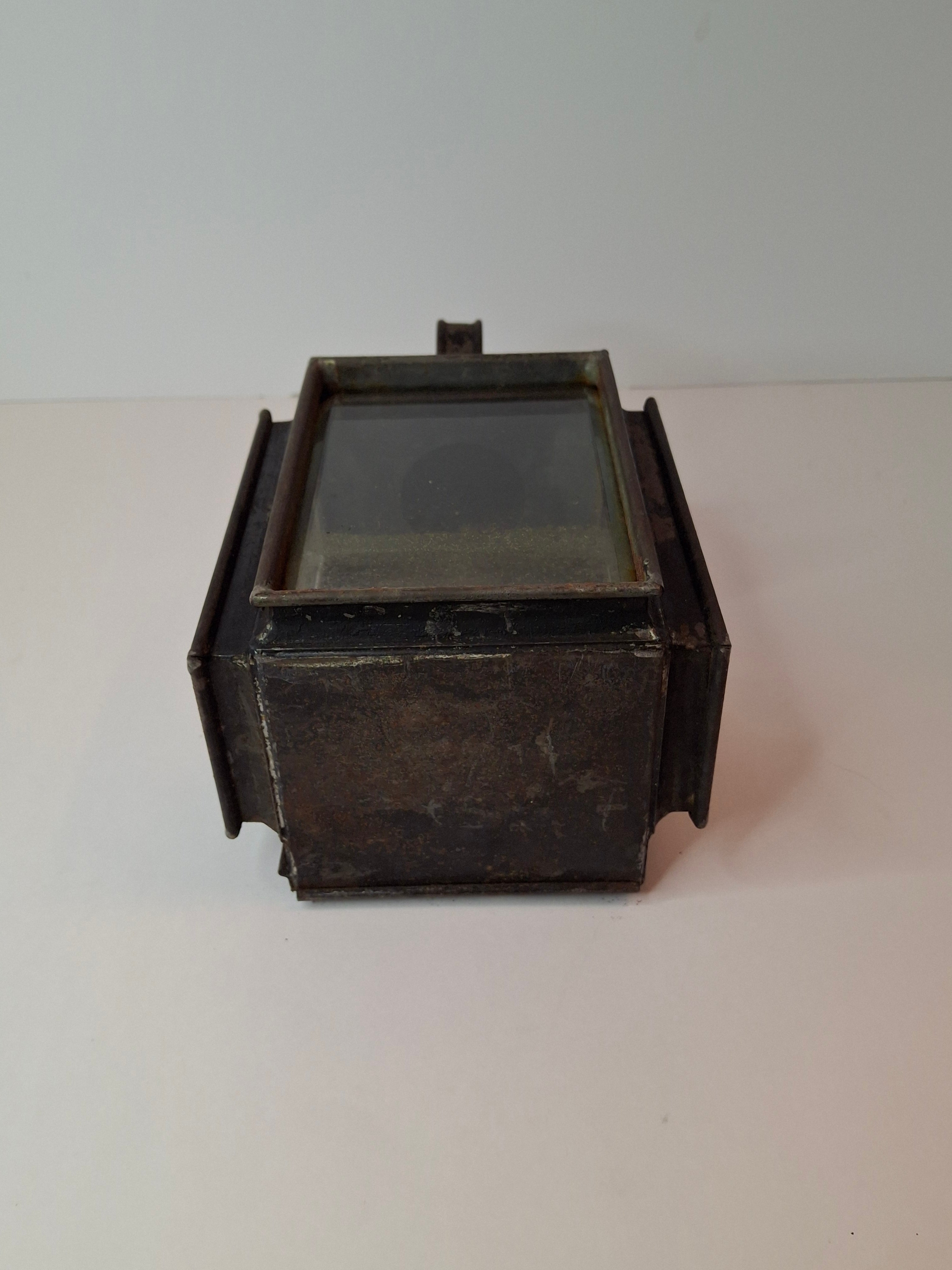 Antique 19th C Primitive Tin Hand Lantern Square Glass Kerosene Lamp Complete