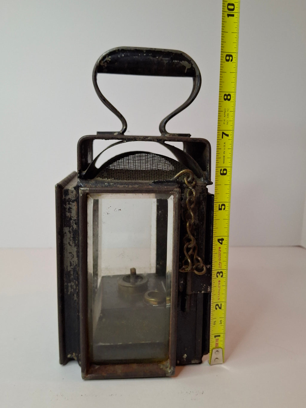 Antique 19th C Primitive Tin Hand Lantern Square Glass Kerosene Lamp Complete
