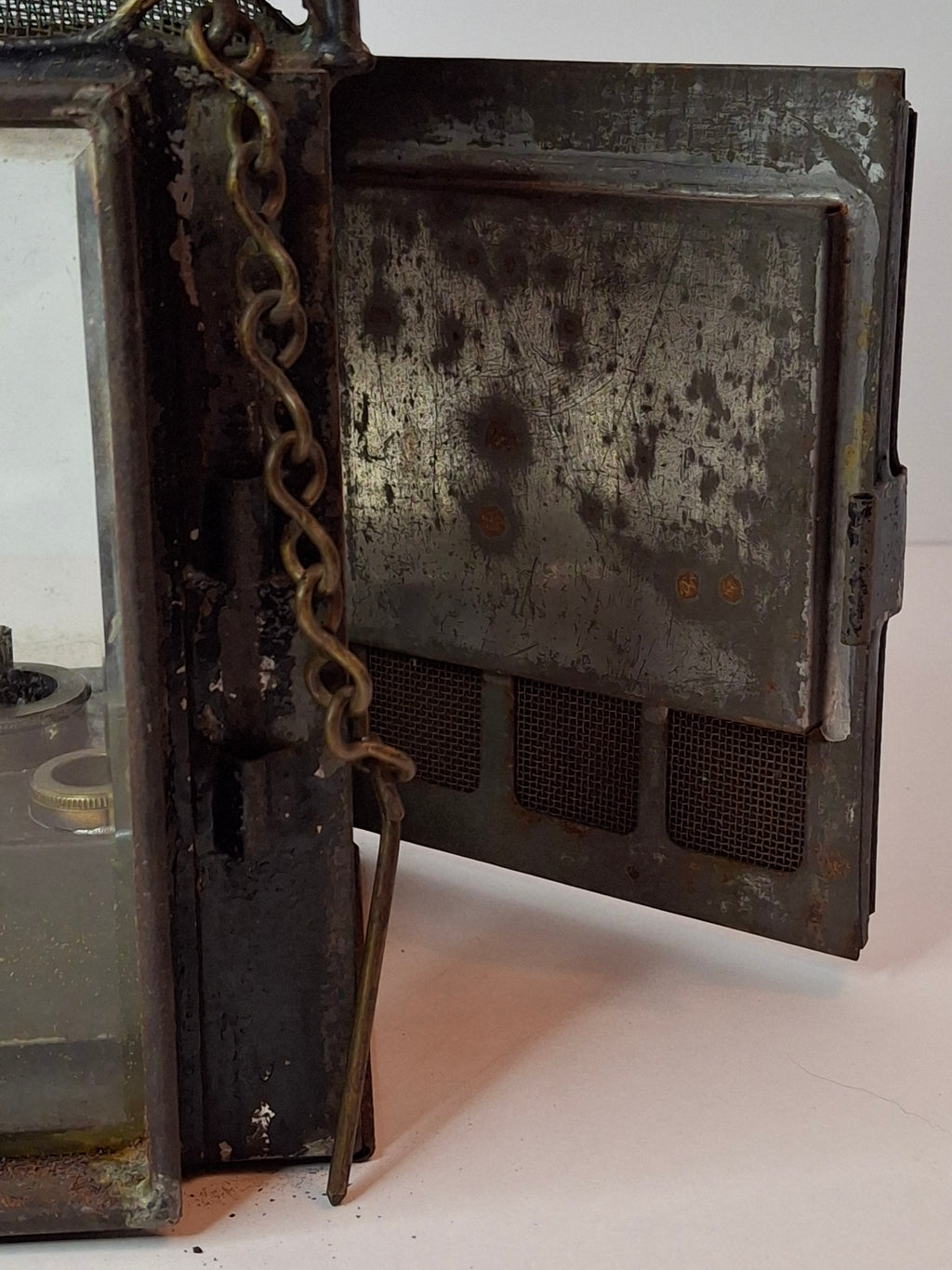 Antique 19th C Primitive Tin Hand Lantern Square Glass Kerosene Lamp Complete