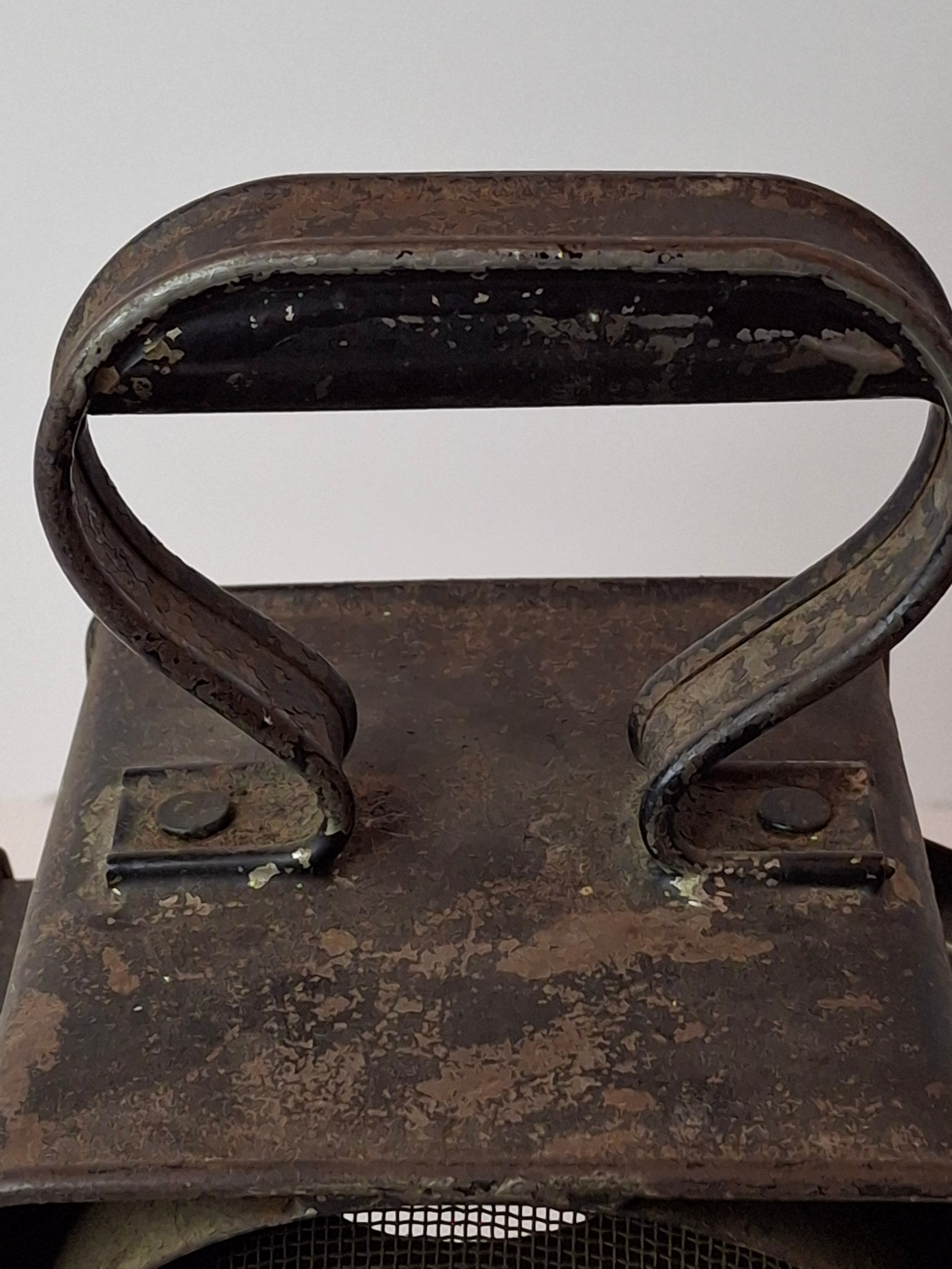 Antique 19th C Primitive Tin Hand Lantern Square Glass Kerosene Lamp Complete