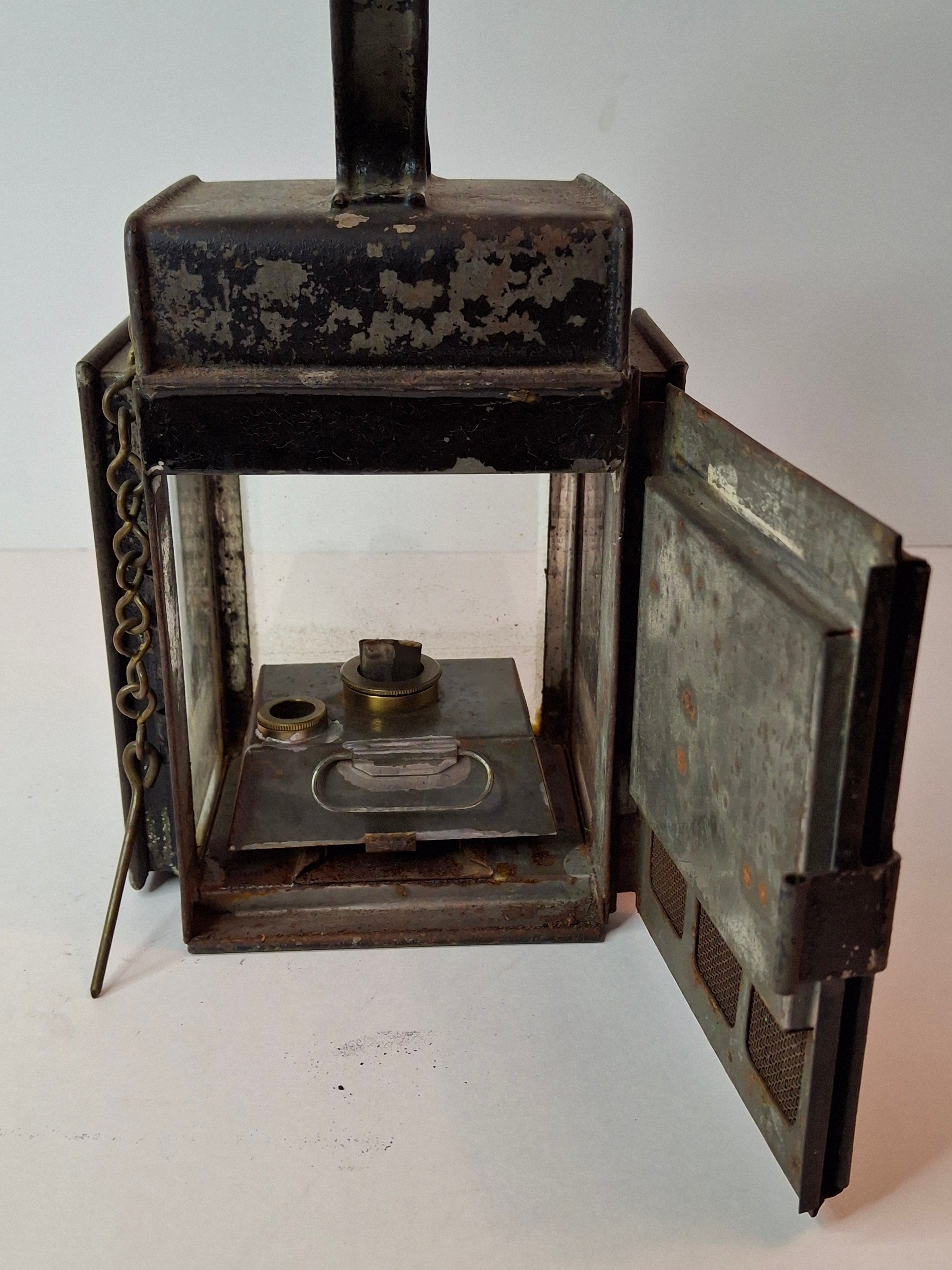 Antique 19th C Primitive Tin Hand Lantern Square Glass Kerosene Lamp Complete