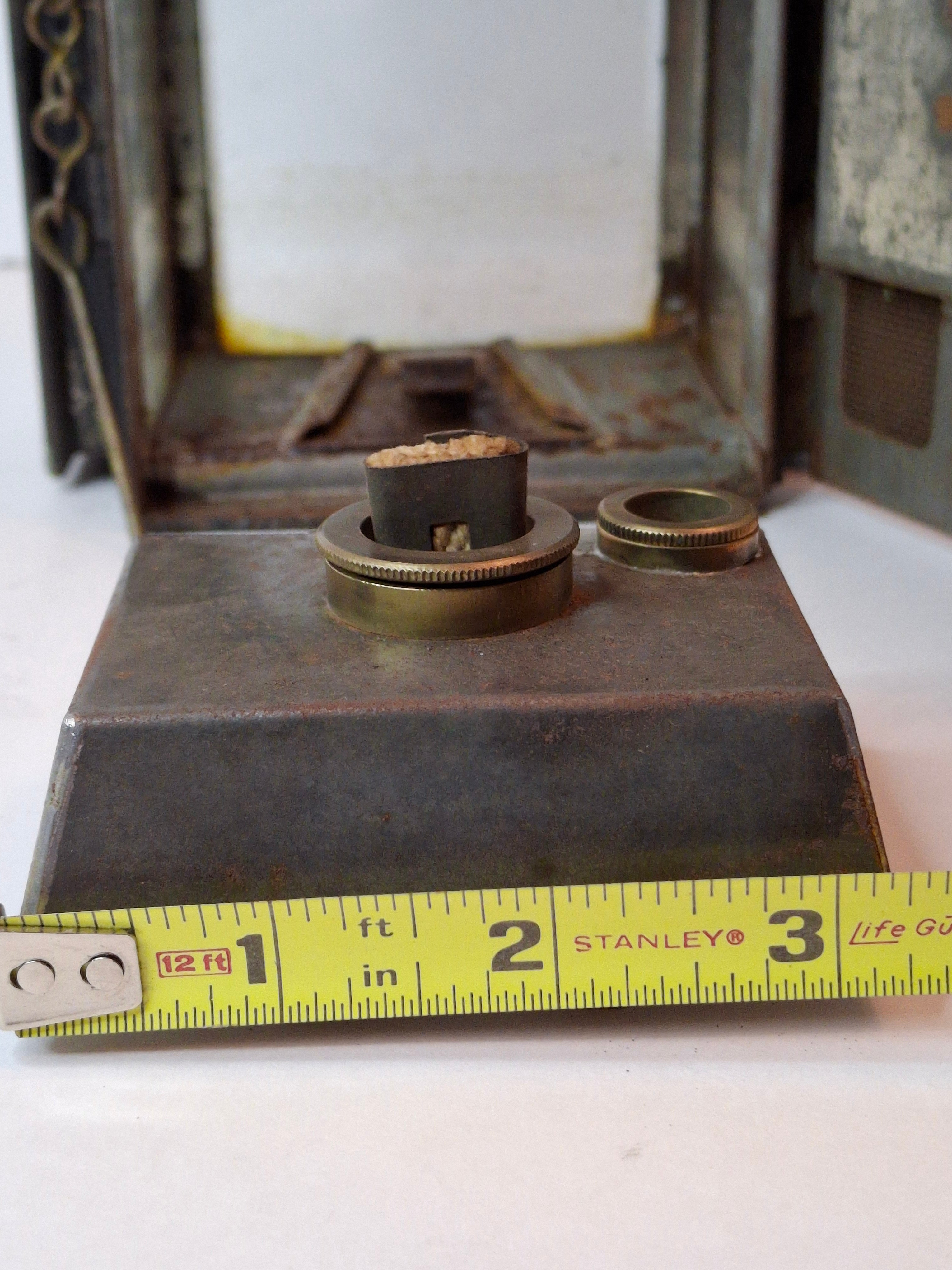 Antique 19th C Primitive Tin Hand Lantern Square Glass Kerosene Lamp Complete