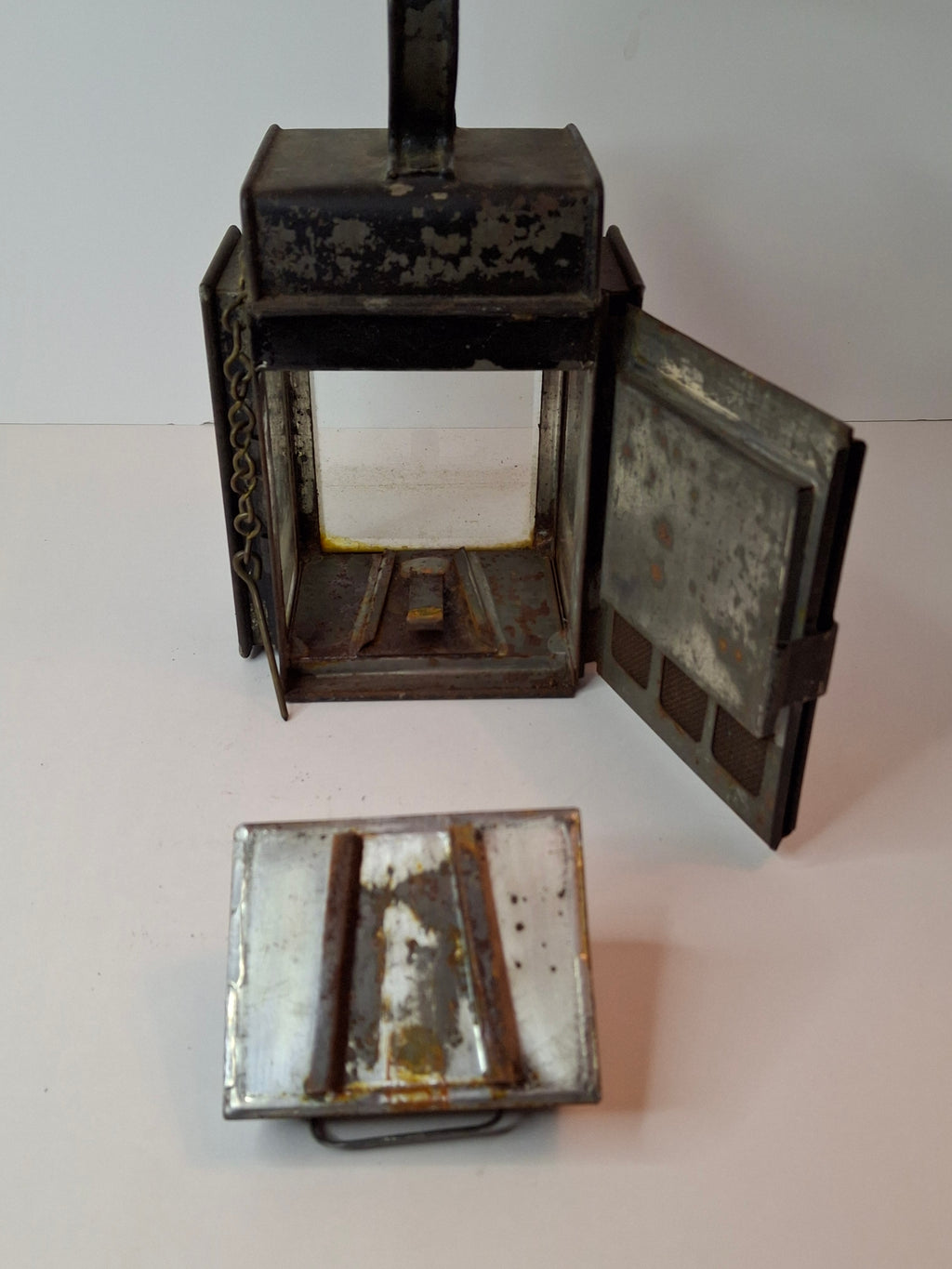 Antique 19th C Primitive Tin Hand Lantern Square Glass Kerosene Lamp Complete