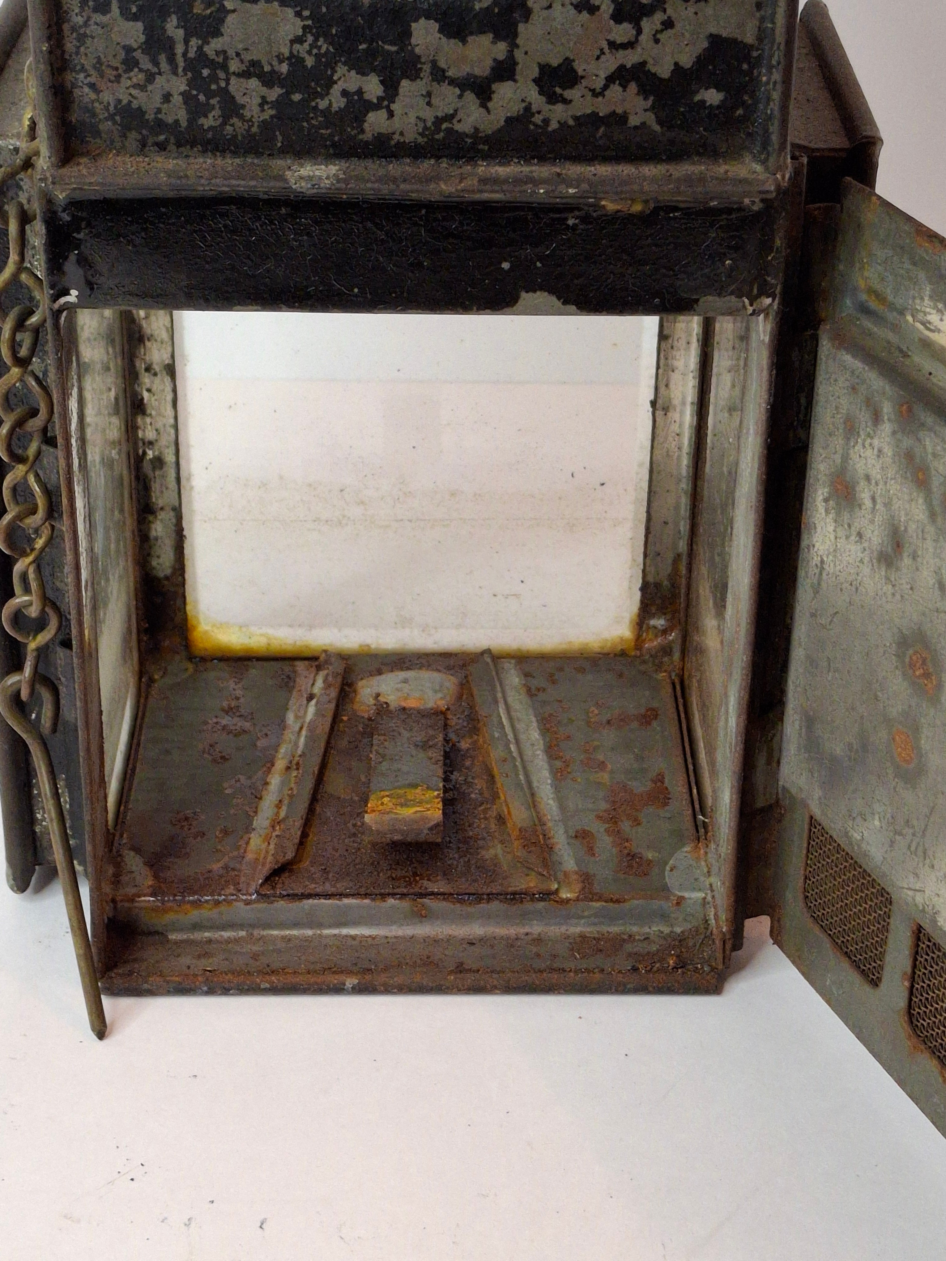 Antique 19th C Primitive Tin Hand Lantern Square Glass Kerosene Lamp Complete