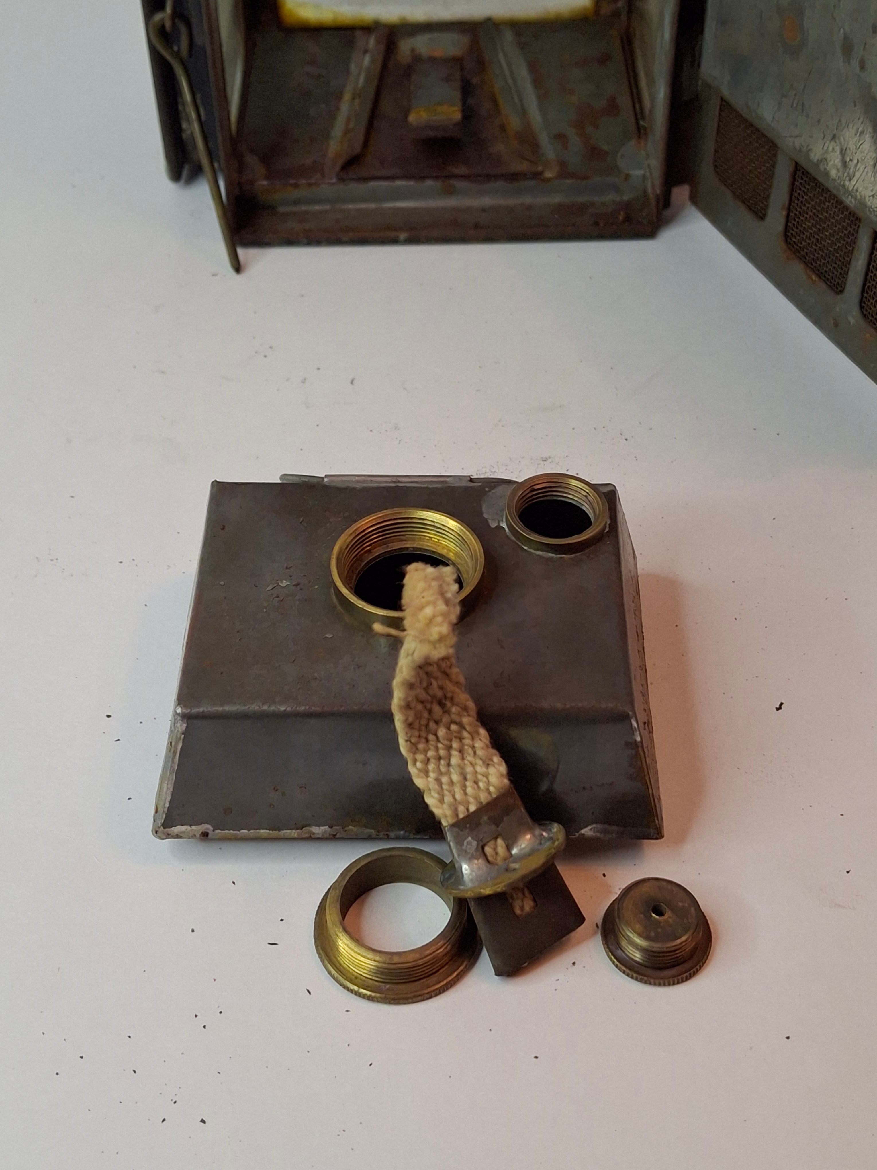 Antique 19th C Primitive Tin Hand Lantern Square Glass Kerosene Lamp Complete
