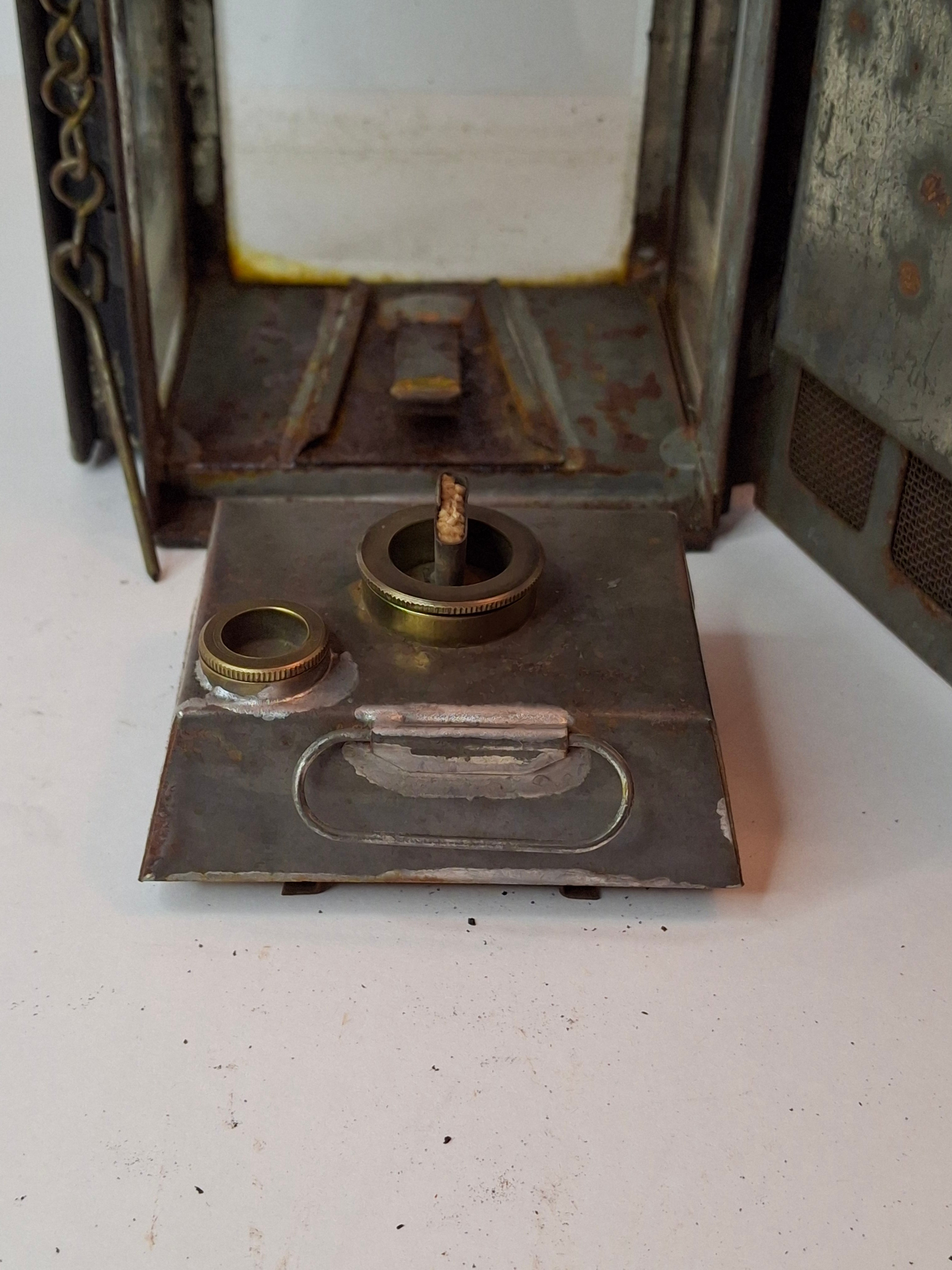 Antique 19th C Primitive Tin Hand Lantern Square Glass Kerosene Lamp Complete