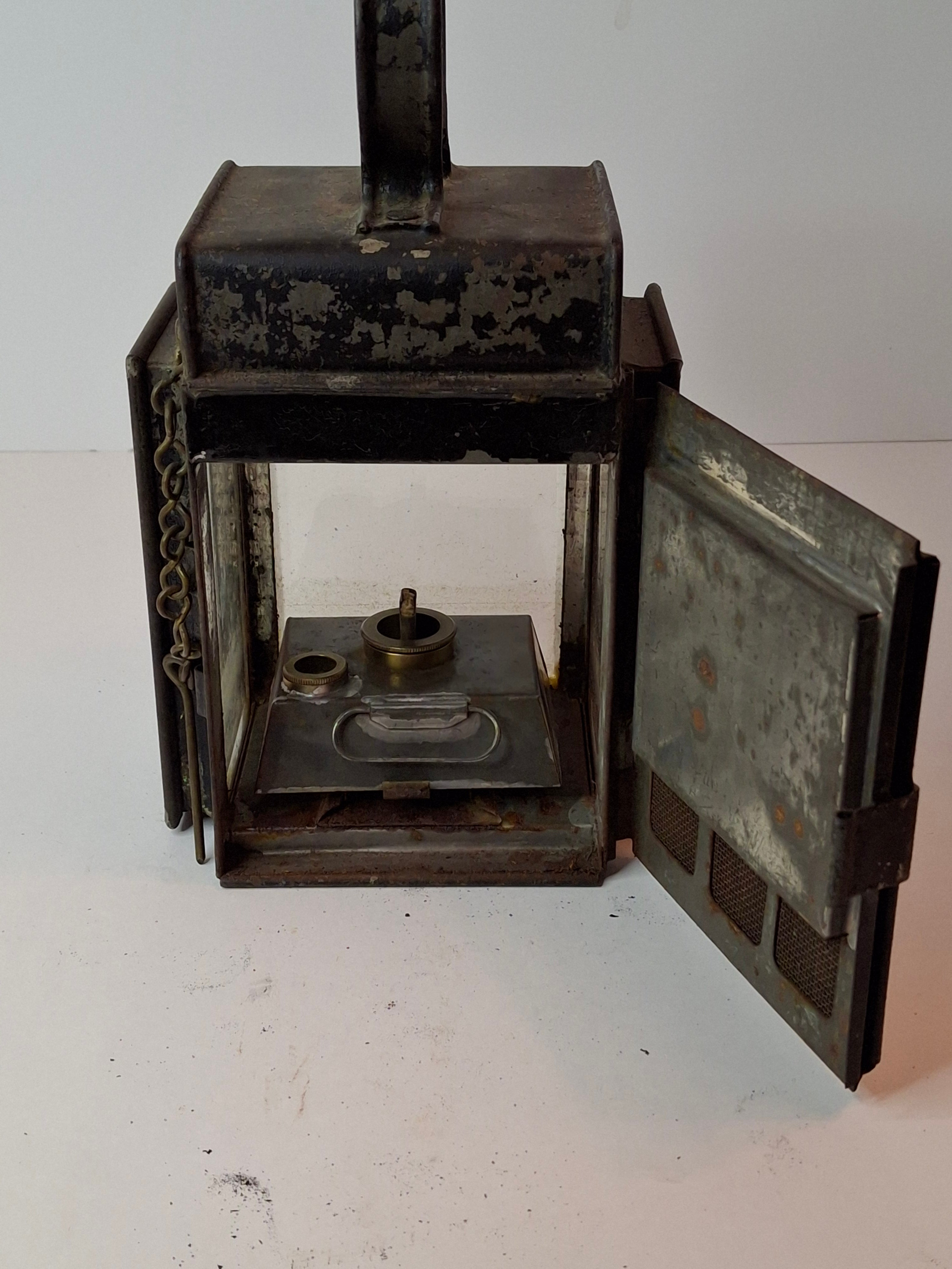 Antique 19th C Primitive Tin Hand Lantern Square Glass Kerosene Lamp Complete