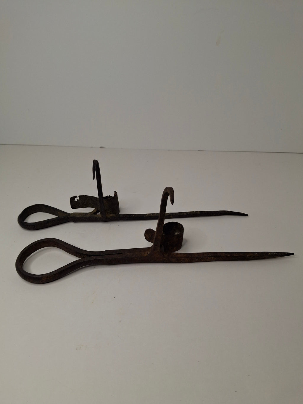 Antique Pair Hand-Forged Wrought Iron Miners Sticking Tommy Candle Holders 19th C