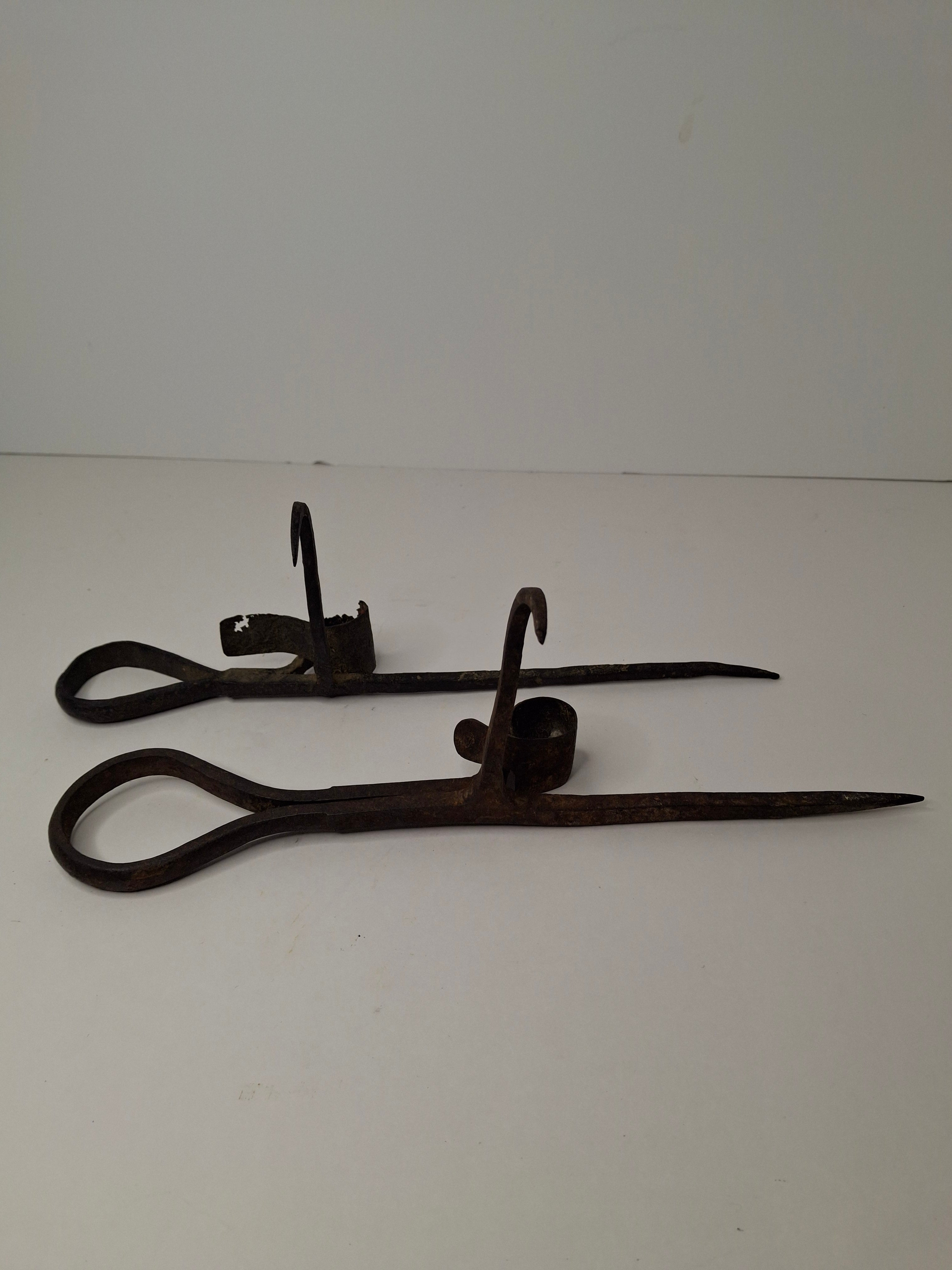Antique Pair Hand-Forged Wrought Iron Miners Sticking Tommy Candle Holders 19th C