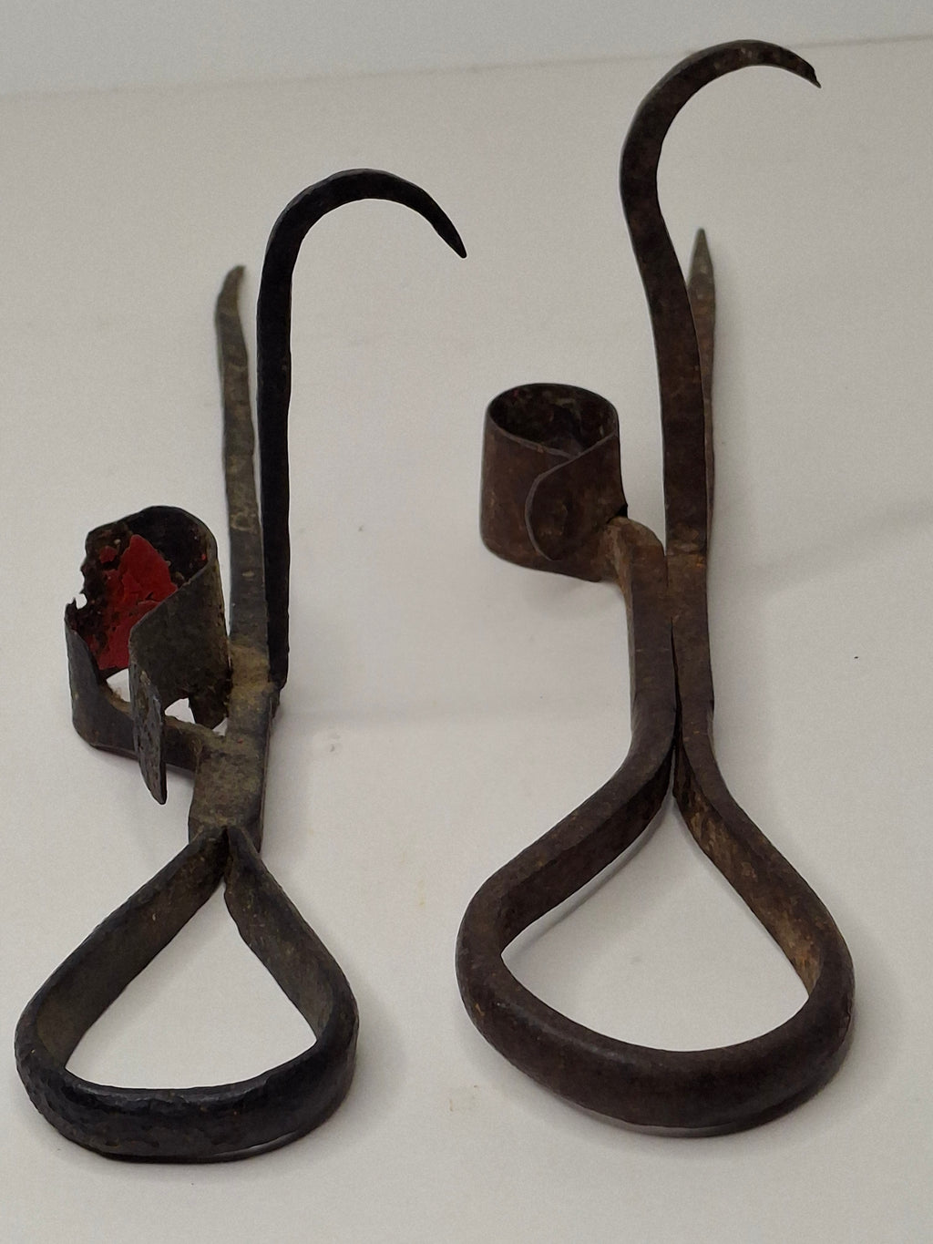Antique Pair Hand-Forged Wrought Iron Miners Sticking Tommy Candle Holders 19th C