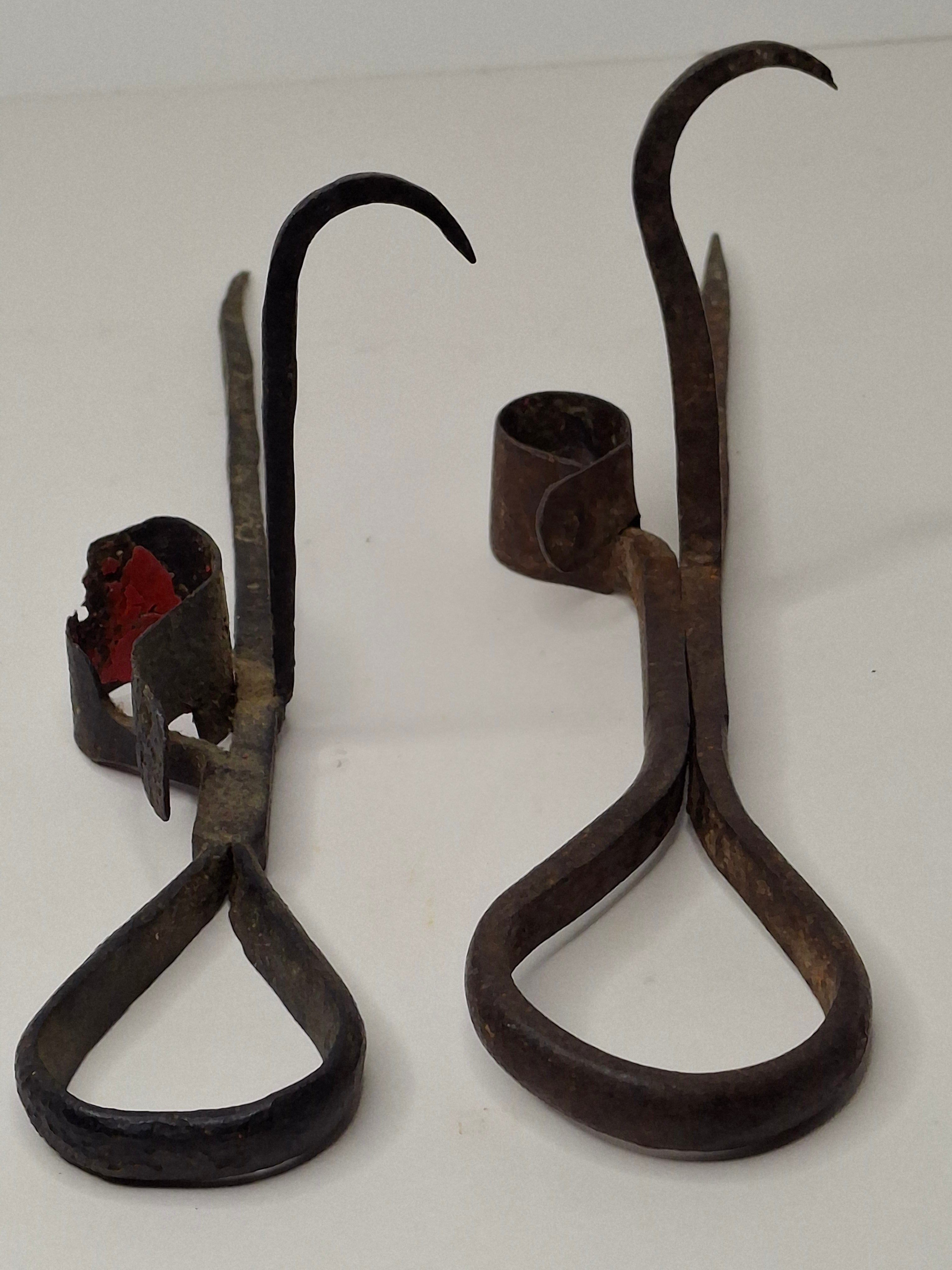 Antique Pair Hand-Forged Wrought Iron Miners Sticking Tommy Candle Holders 19th C