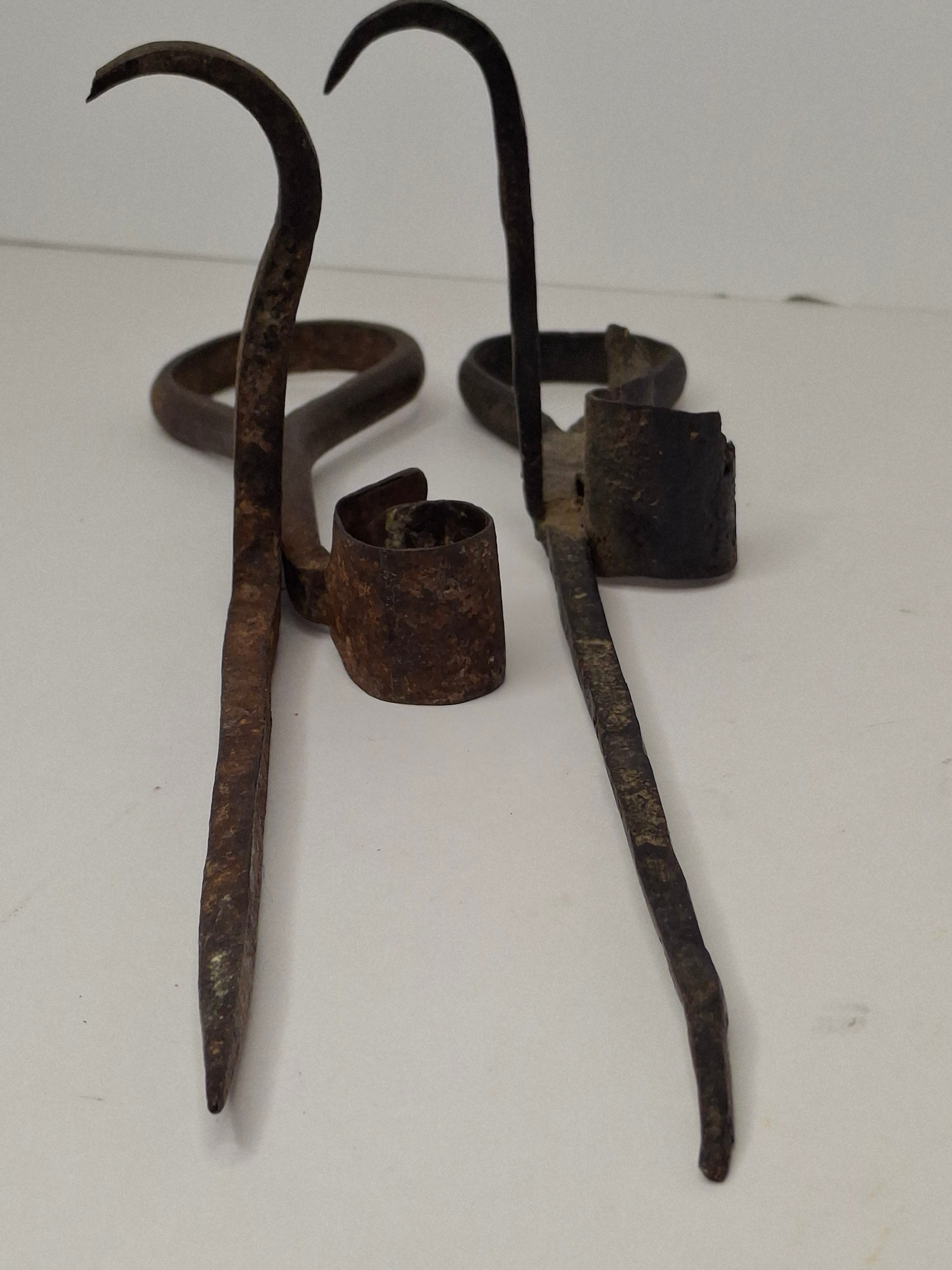 Antique Pair Hand-Forged Wrought Iron Miners Sticking Tommy Candle Holders 19th C