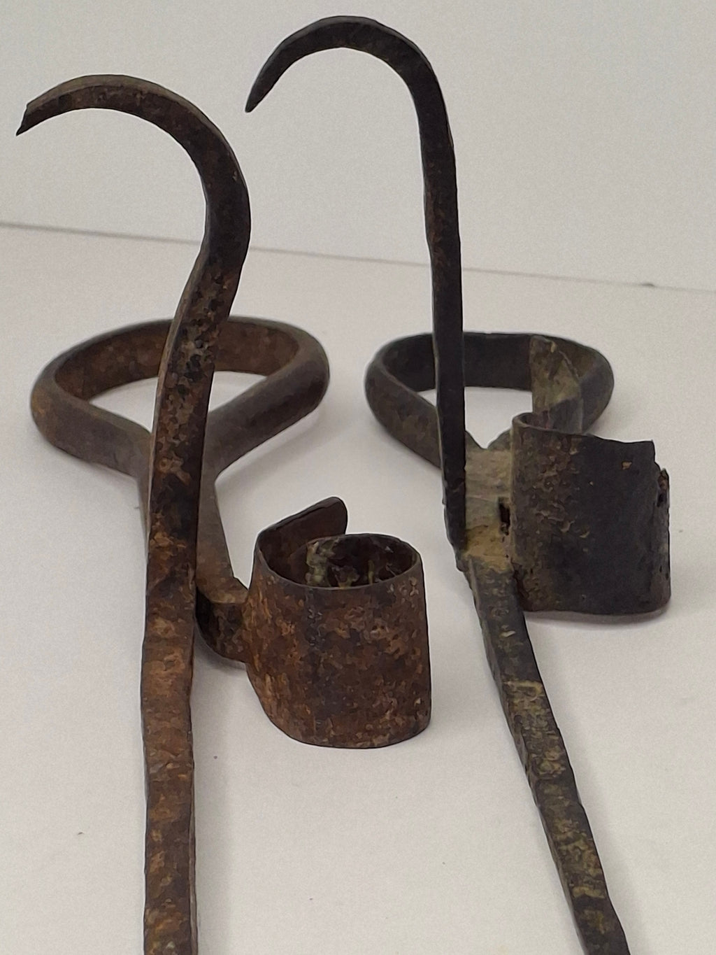Antique Pair Hand-Forged Wrought Iron Miners Sticking Tommy Candle Holders 19th C