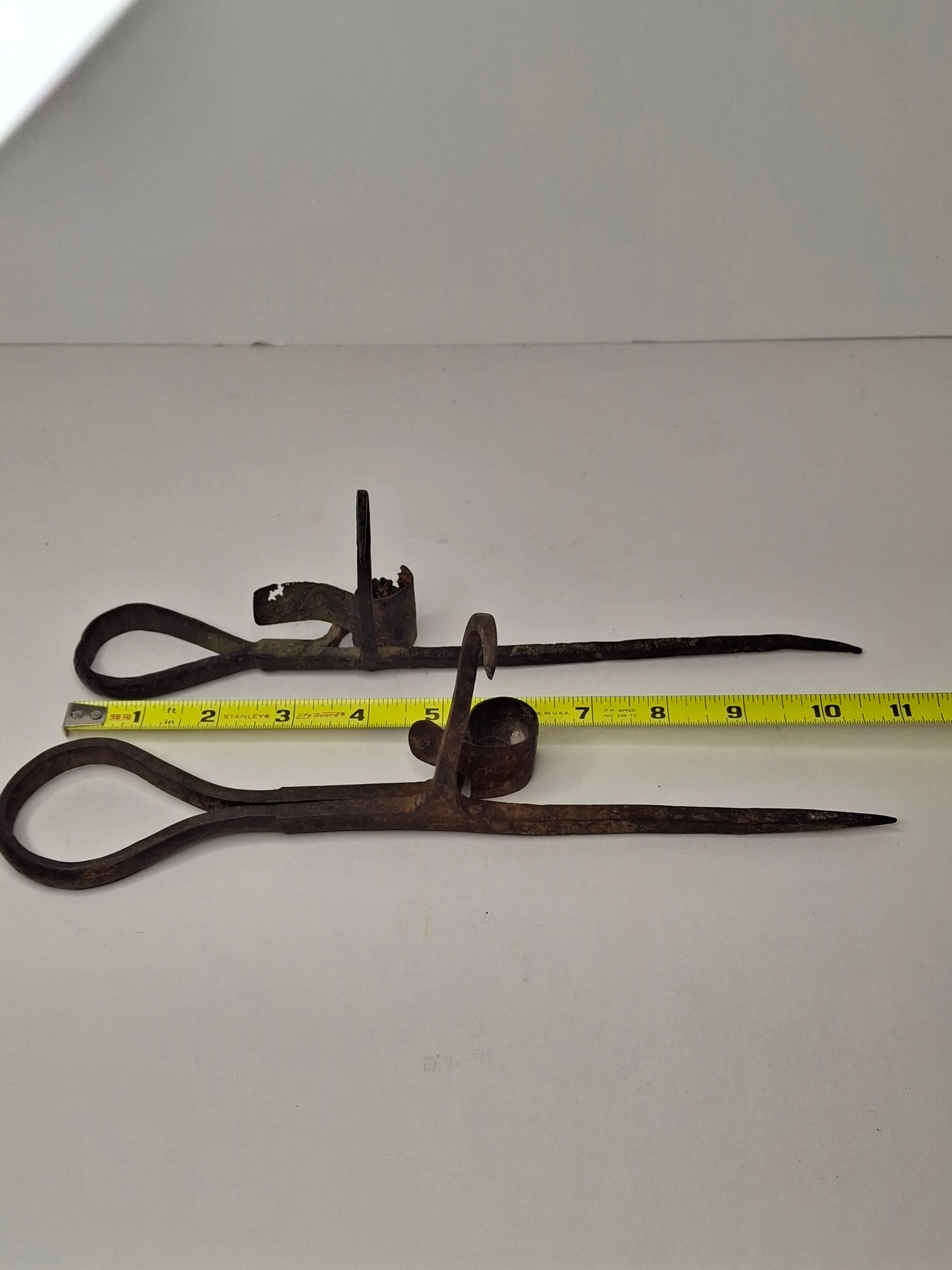Antique Pair Hand-Forged Wrought Iron Miners Sticking Tommy Candle Holders 19th C